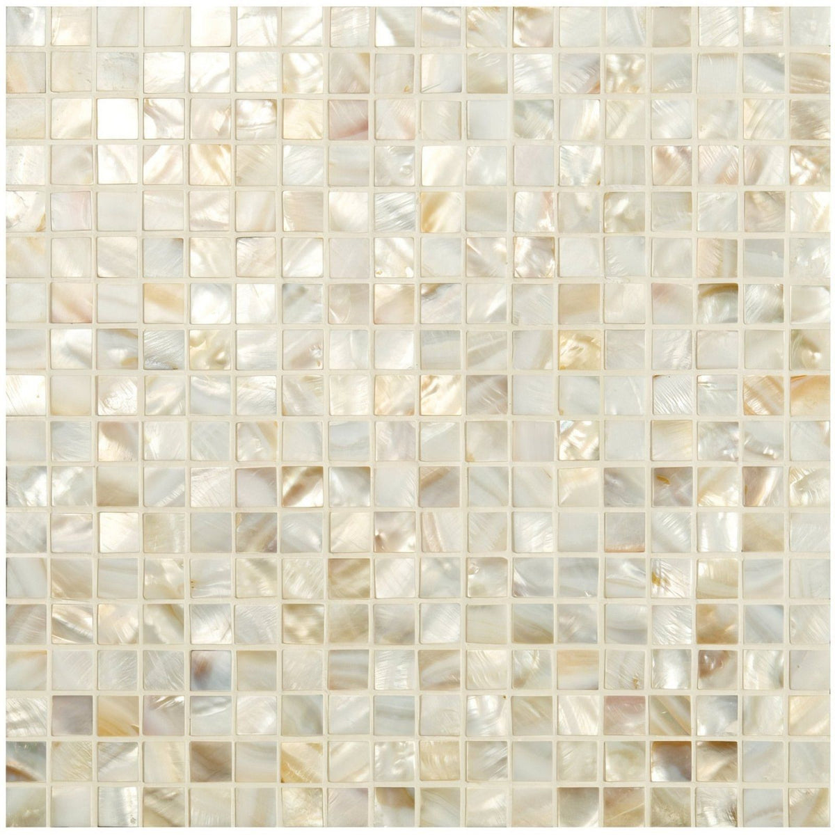 Purity Shell Mosaic ivory and cream square tile with lustrous iridescent mother of pearl finish for walls and backsplashes