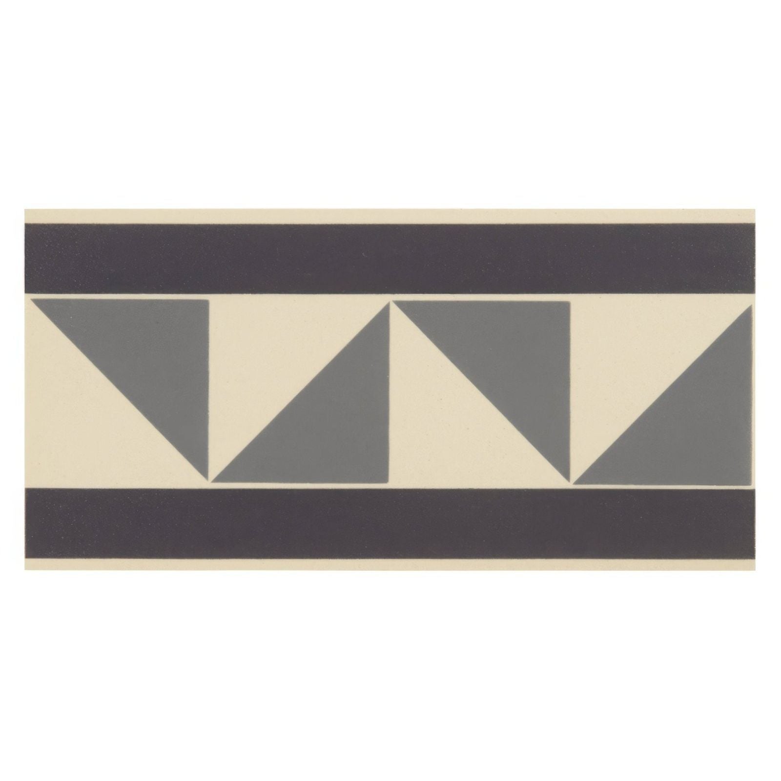 A rectangular ceramic pyrenees border tile in light blue and dark blue geometric pattern on dover white background