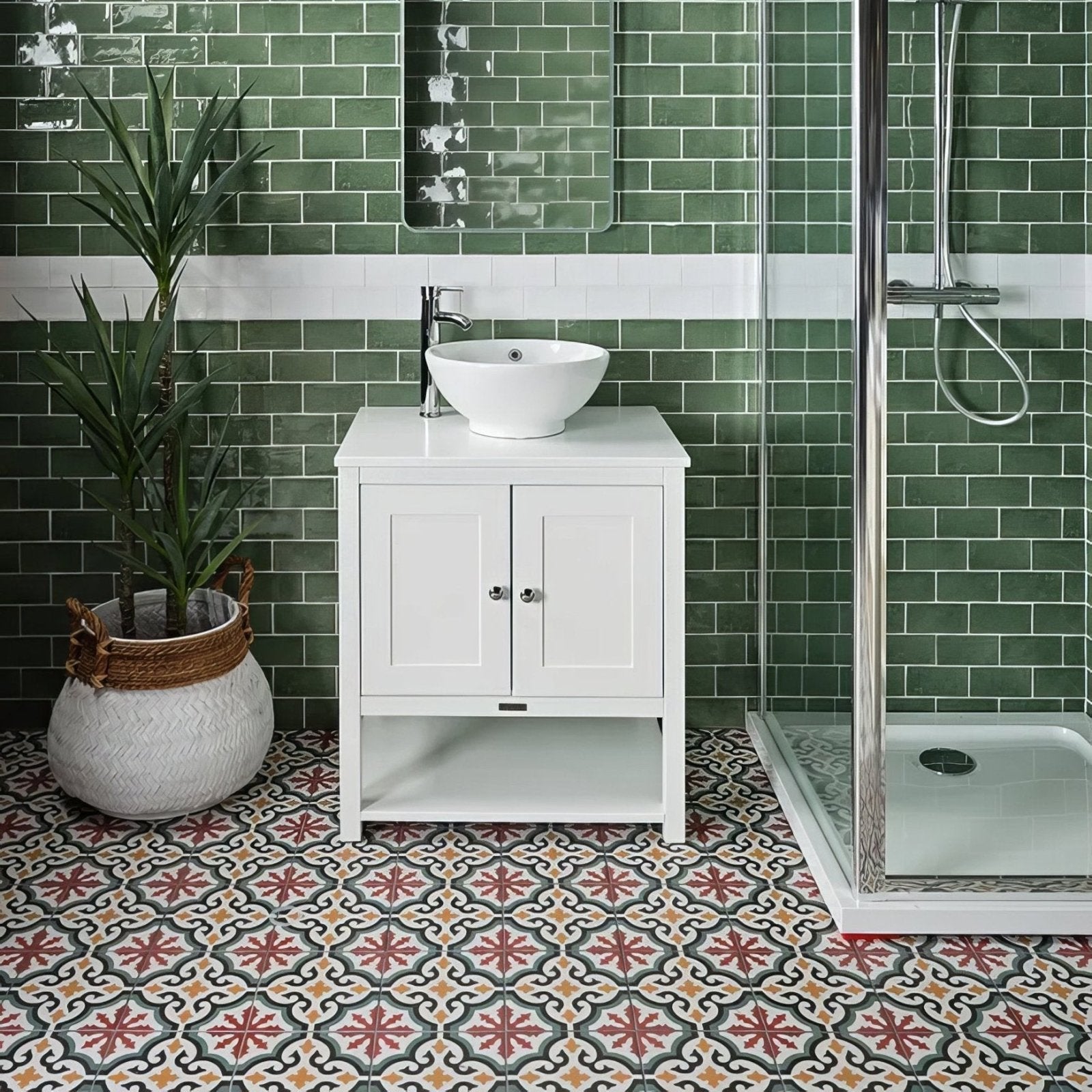 White ceramic vessel sink quintessential porcelain salisbury with sleek chrome faucet on white cabinet