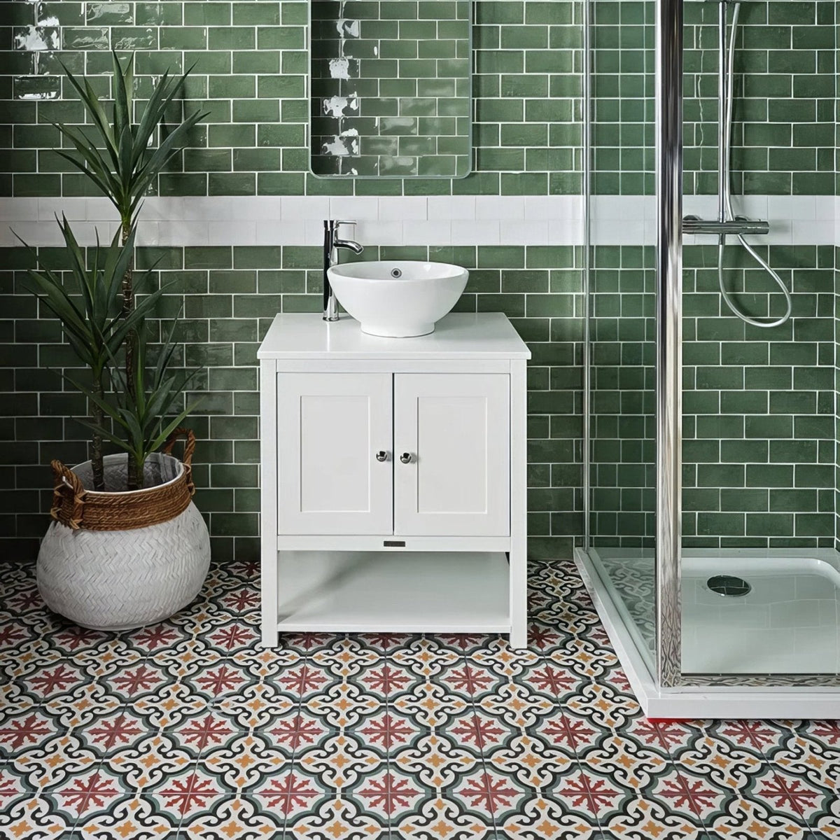 White ceramic vessel sink quintessential porcelain salisbury with sleek chrome faucet on white cabinet