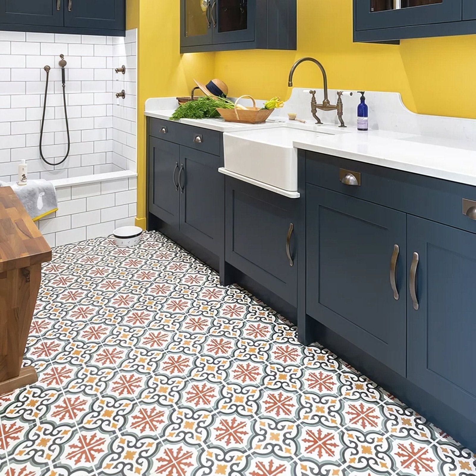 Patterned ceramic floor tiles with intricate geometric designs in red orange gray and white quintessential porcelain salisbury
