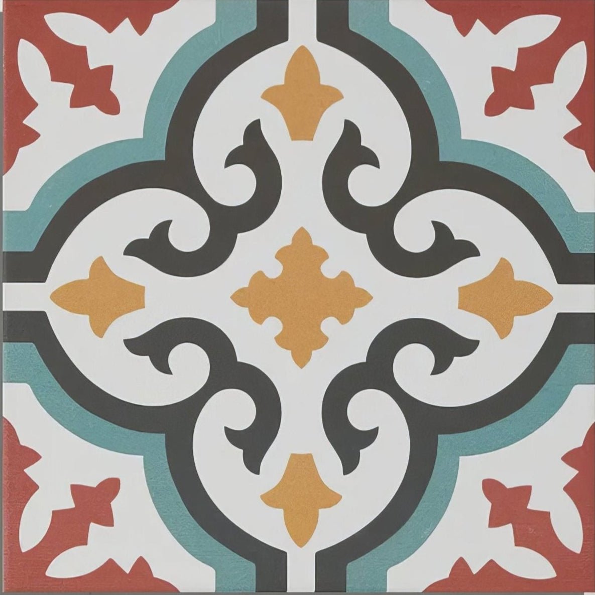 A square quintessential porcelain salisbury tile with black scrollwork orange fleur-de-lis teal accents and red floral motifs