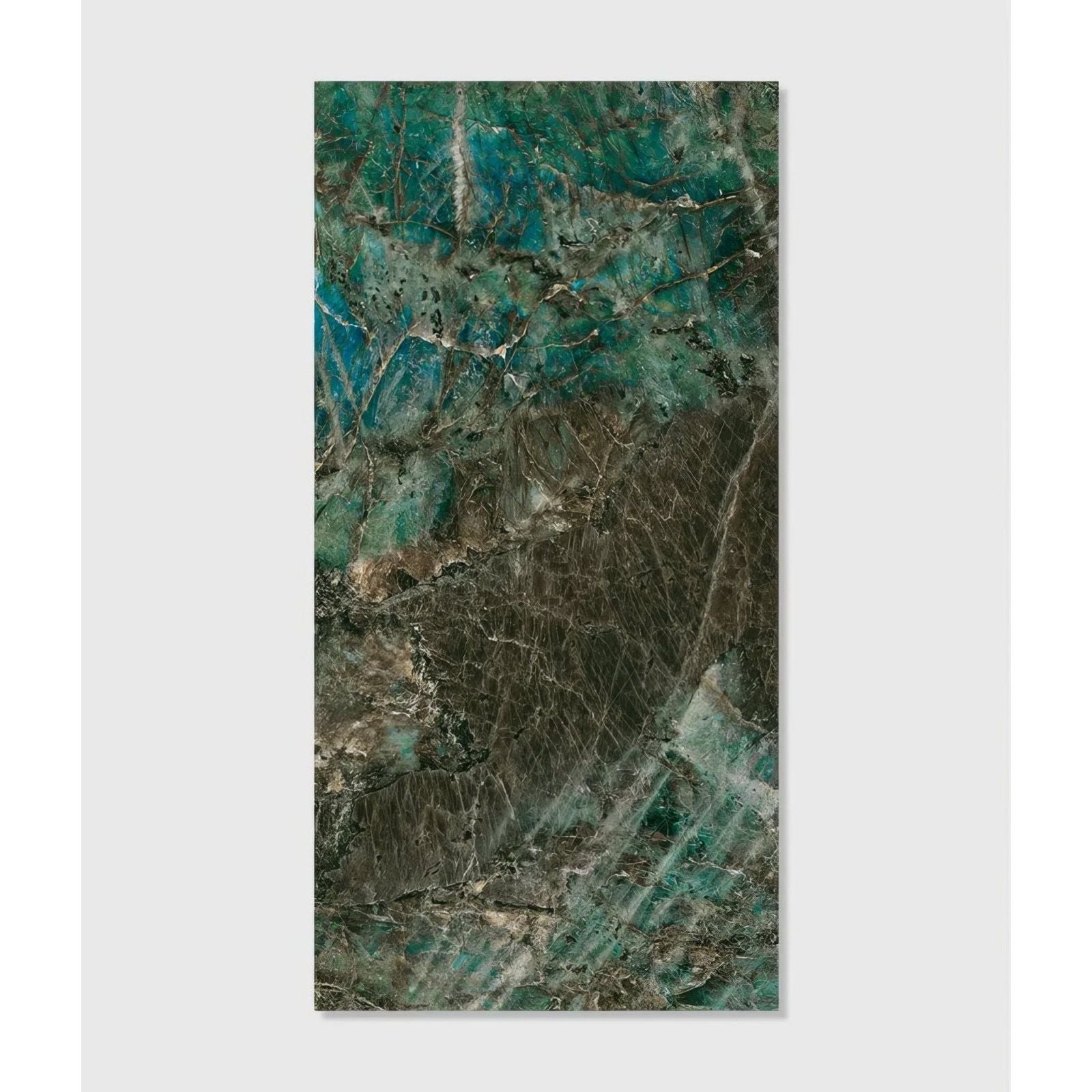 A rectangular slab of rainforest porcelain lemurian polished emerald green marble with intricate darker veining