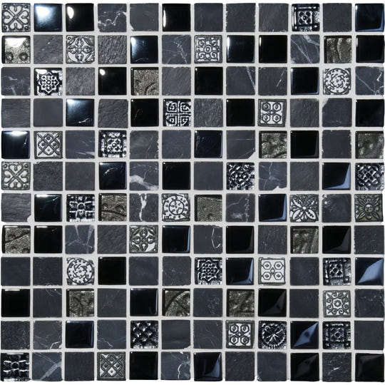 Raipur mixed mosaic tile with black and dark gray glossy surfaces featuring intricate embossed metallic silver patterns