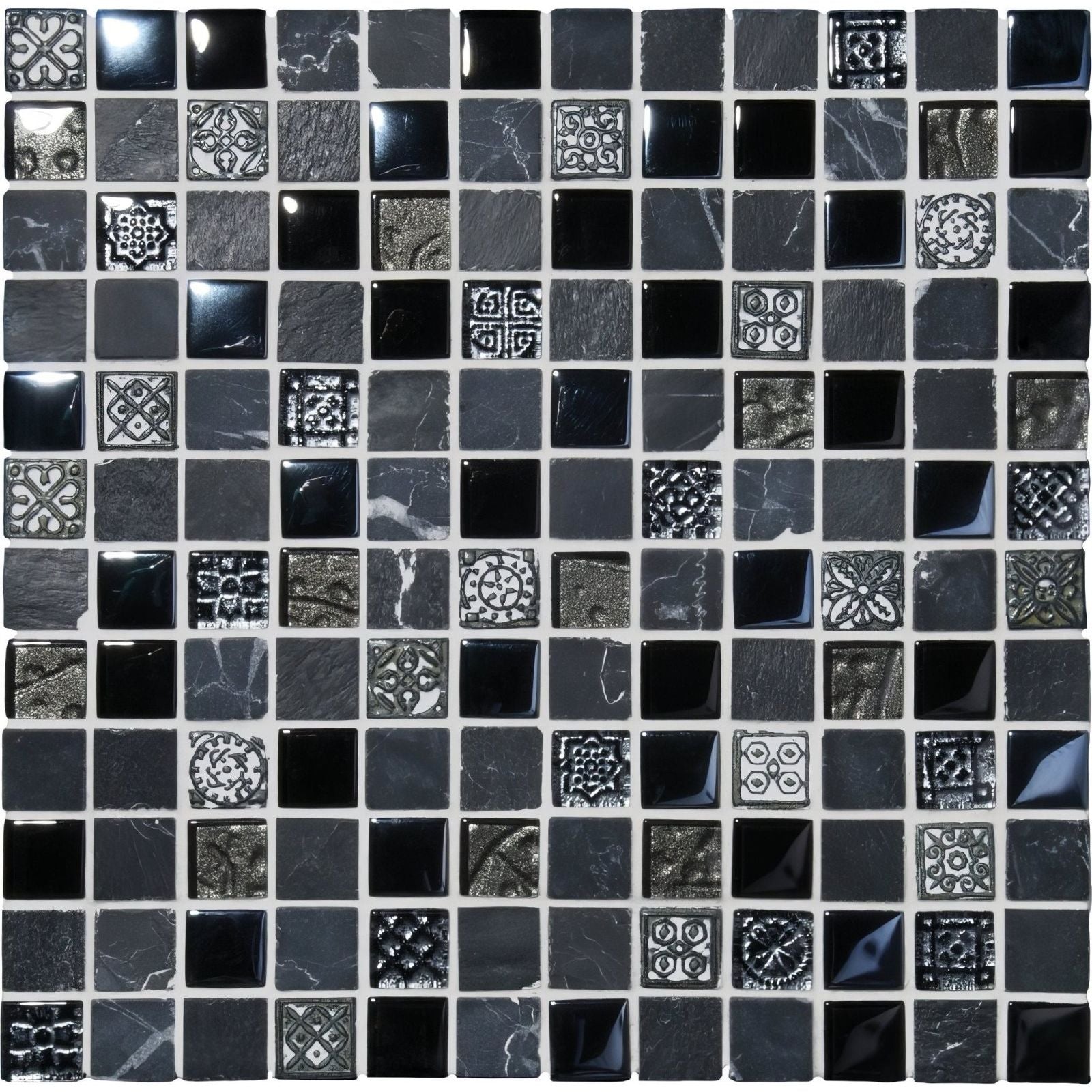 Raipur mixed mosaic tile with black and dark gray glossy surfaces featuring intricate embossed metallic silver patterns