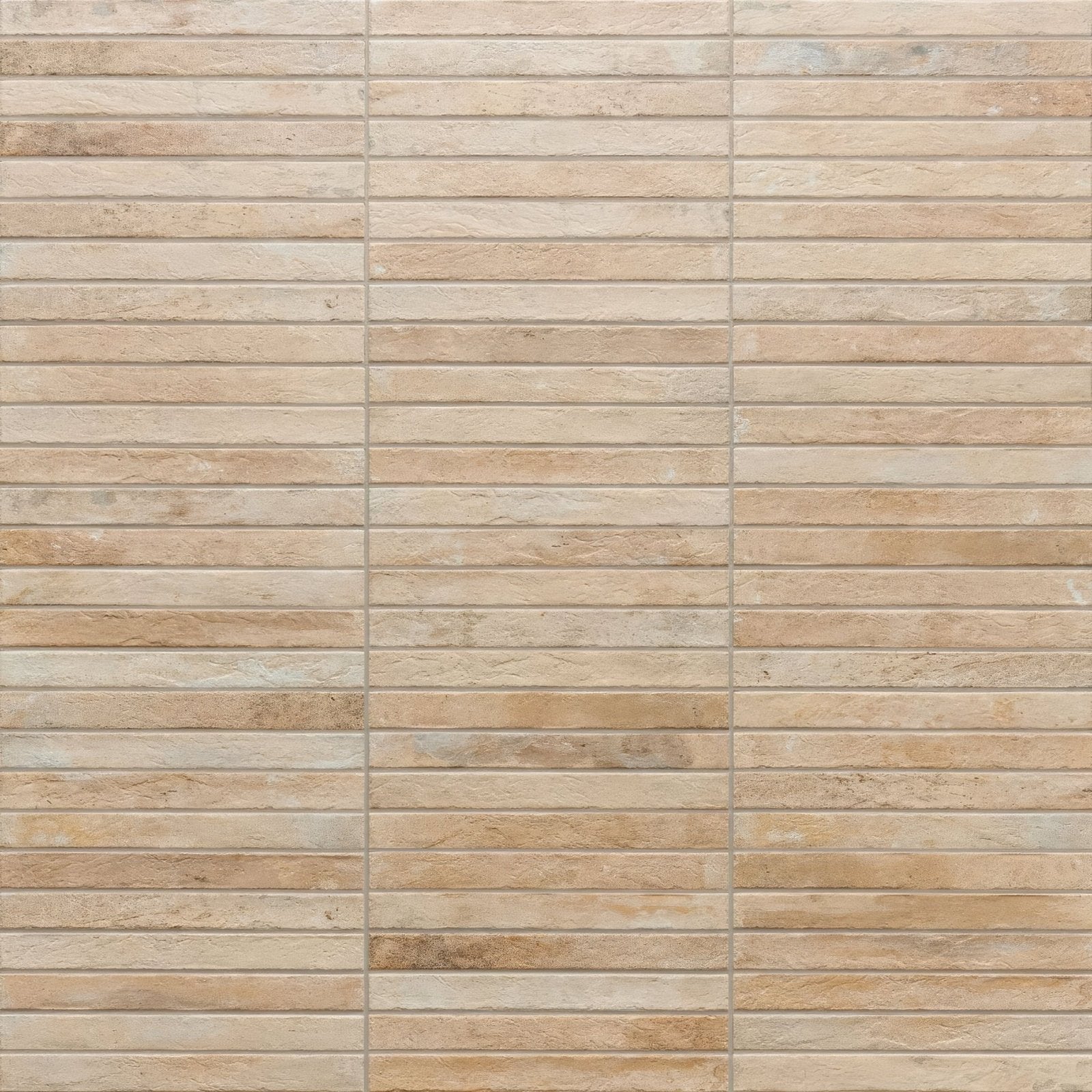 Beige rectangular ramsbury sand terracotta effect stone tiles with natural textured surface arranged in horizontal rows