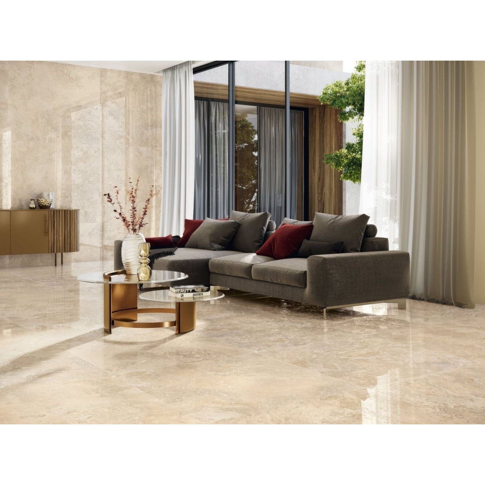 Rapolano 1868 Caramel Polished beige marble-effect tiles with a grey sectional sofa