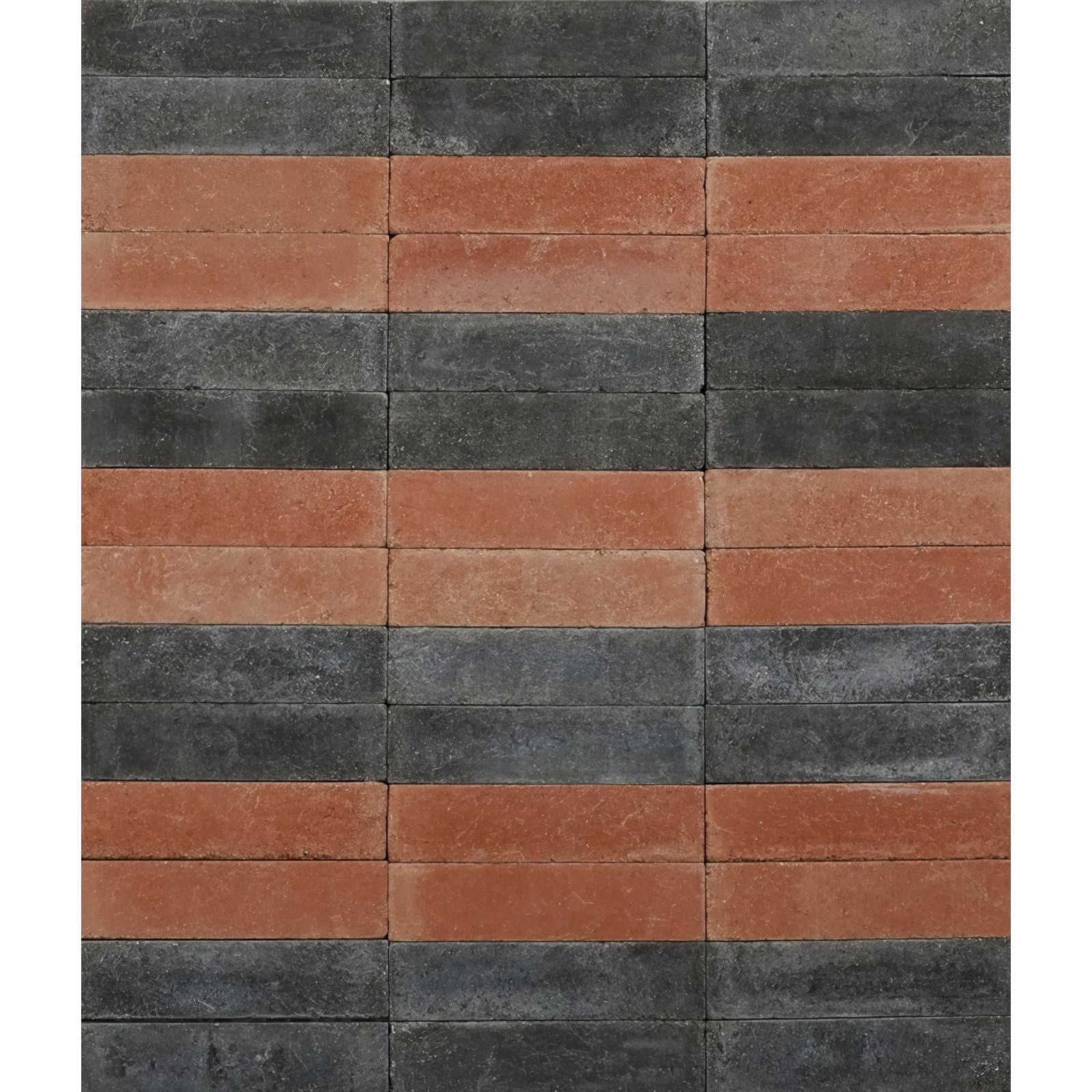 Rectangular reform composite stone tumbled nero tiles with textured stone finish in dark gray and terracotta red stripes