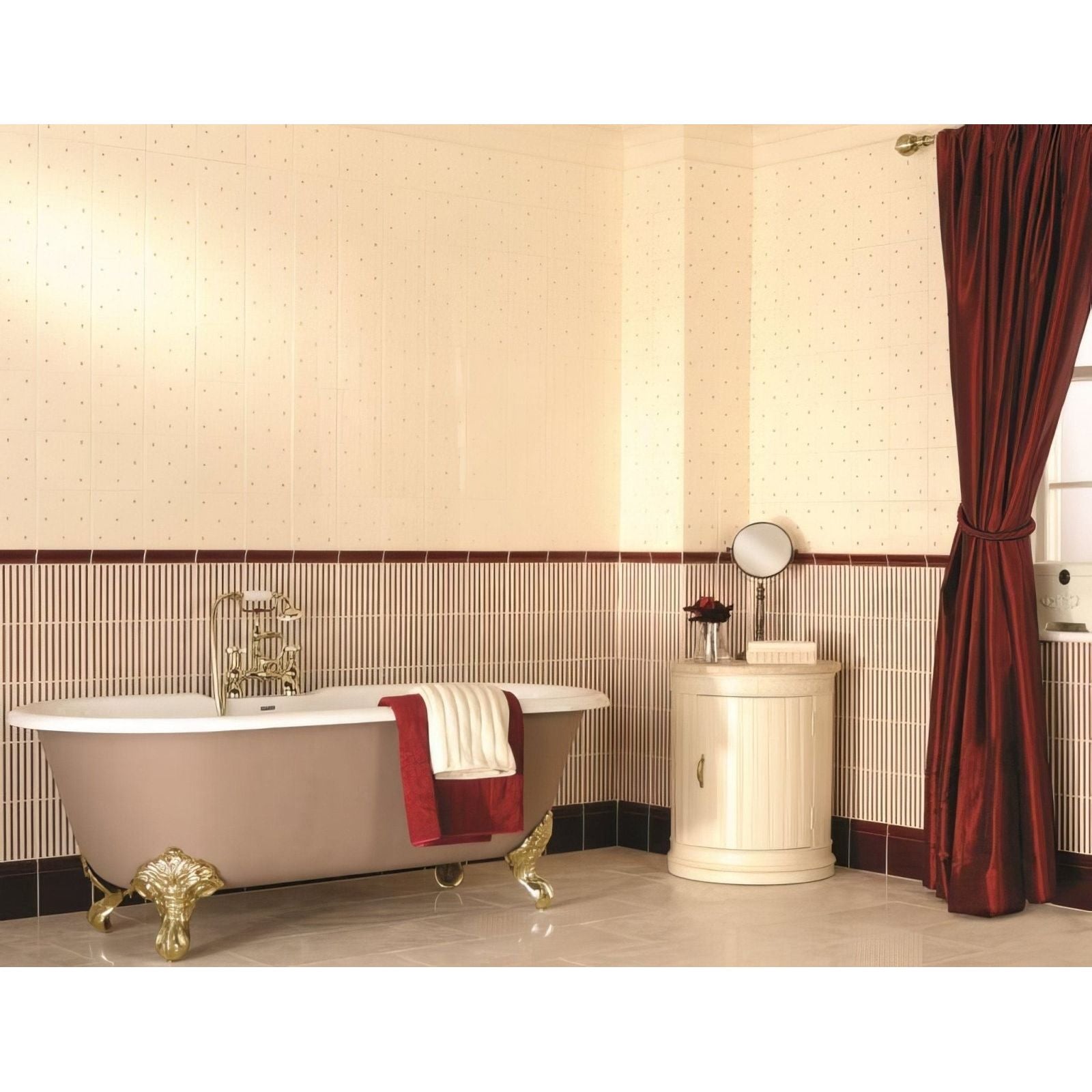 Antique-style freestanding regency stripe burgundy bathtub with gold claw feet and white enamel interior on county white