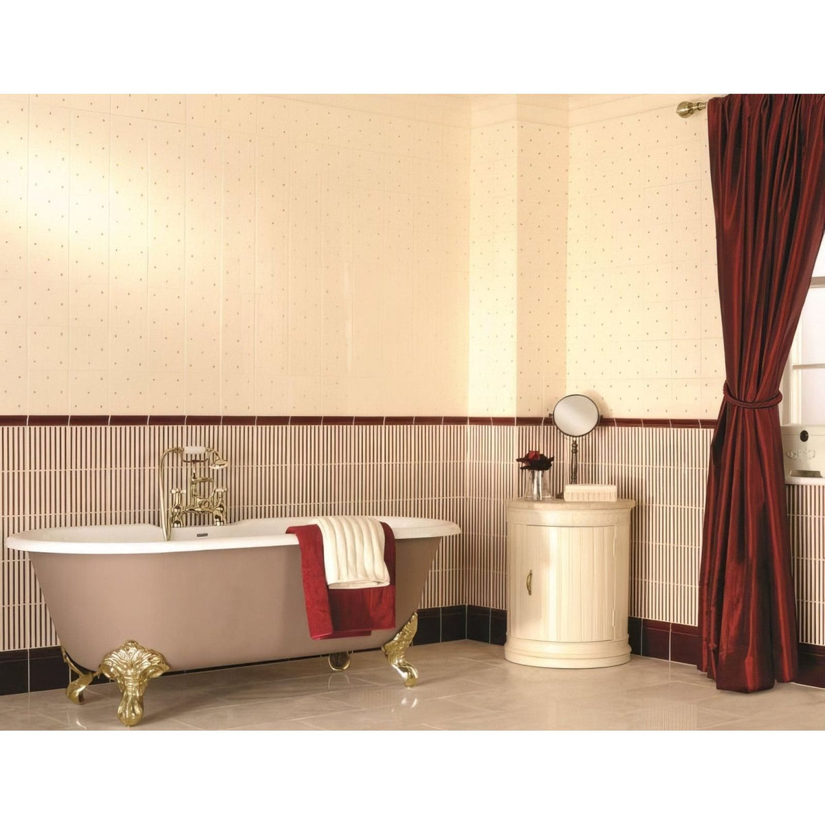 Antique-style freestanding regency stripe burgundy bathtub with gold claw feet and white enamel interior on county white