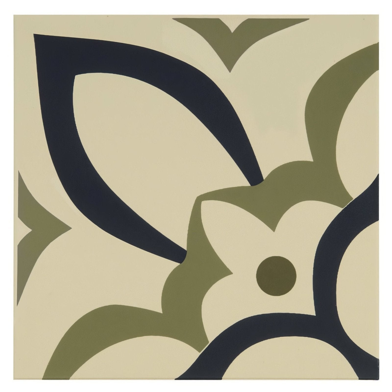 Abstract art piece with bold navy blue and olive green floral motifs on creamy beige background titled renaissance dublin khaki and dark blue on white