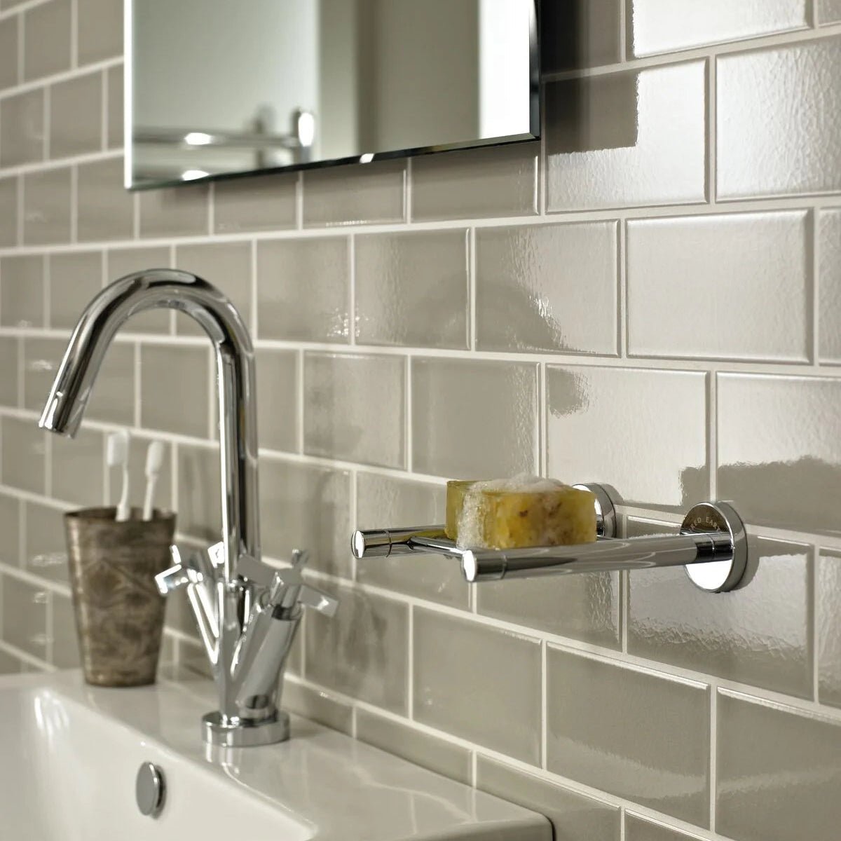 Retro Metro Gloucester Road 7.5 x 15 Glazed Tile sage green glazed tiles with a chrome soap dish