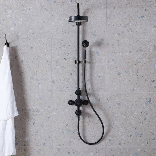 Black matte finished shower system with rainhead and handheld nozzle mounted on a vertical bar Reykjavik Ash 60 x 30cm