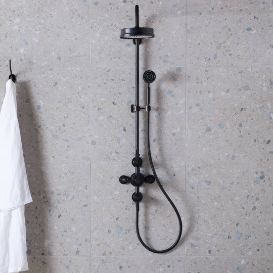 Black matte finished shower system with rainhead and handheld nozzle mounted on a vertical bar Reykjavik Ash 60 x 30cm