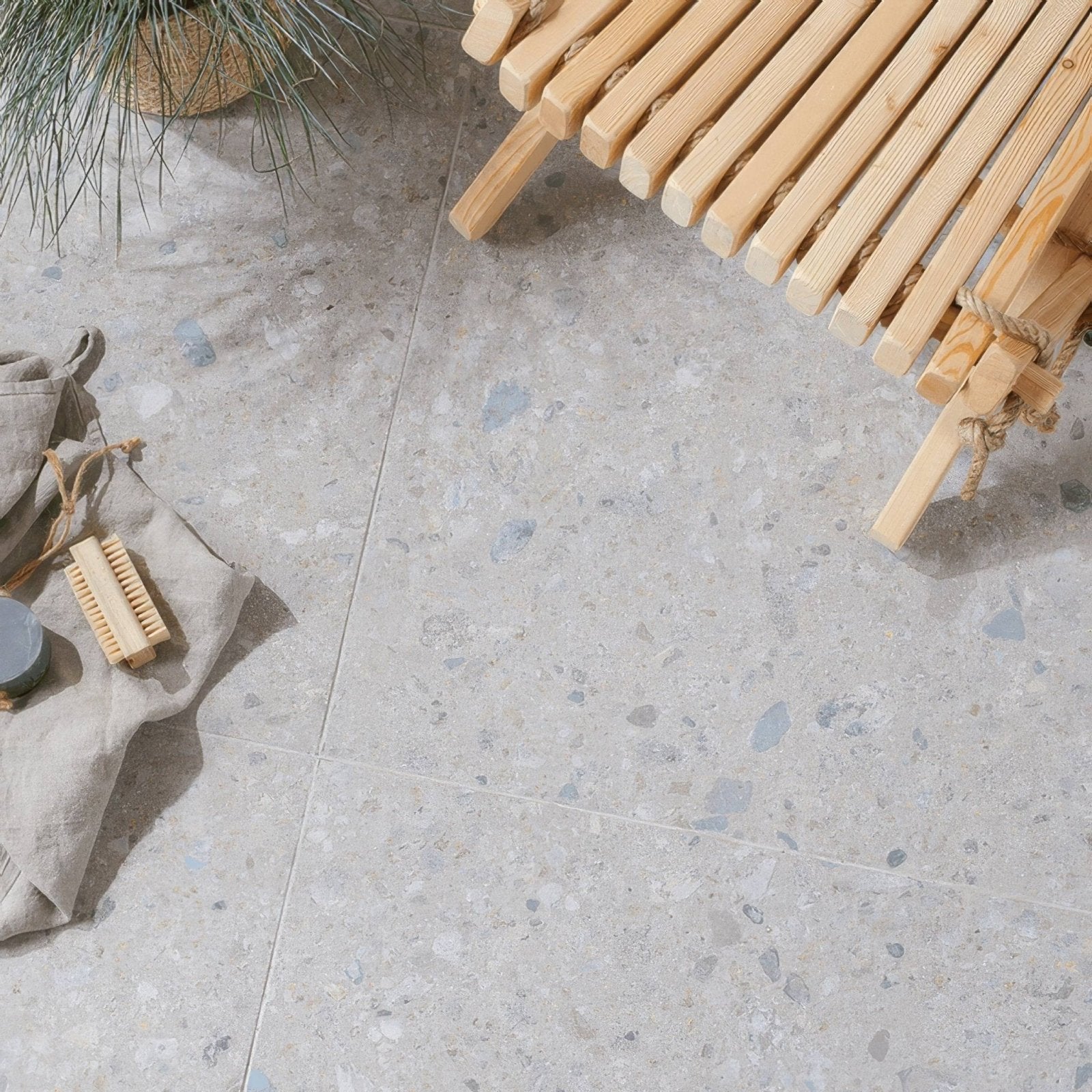 Light gray terrazzo floor tiles with speckled blue and white aggregate reykjavik ash 60 x 60cm