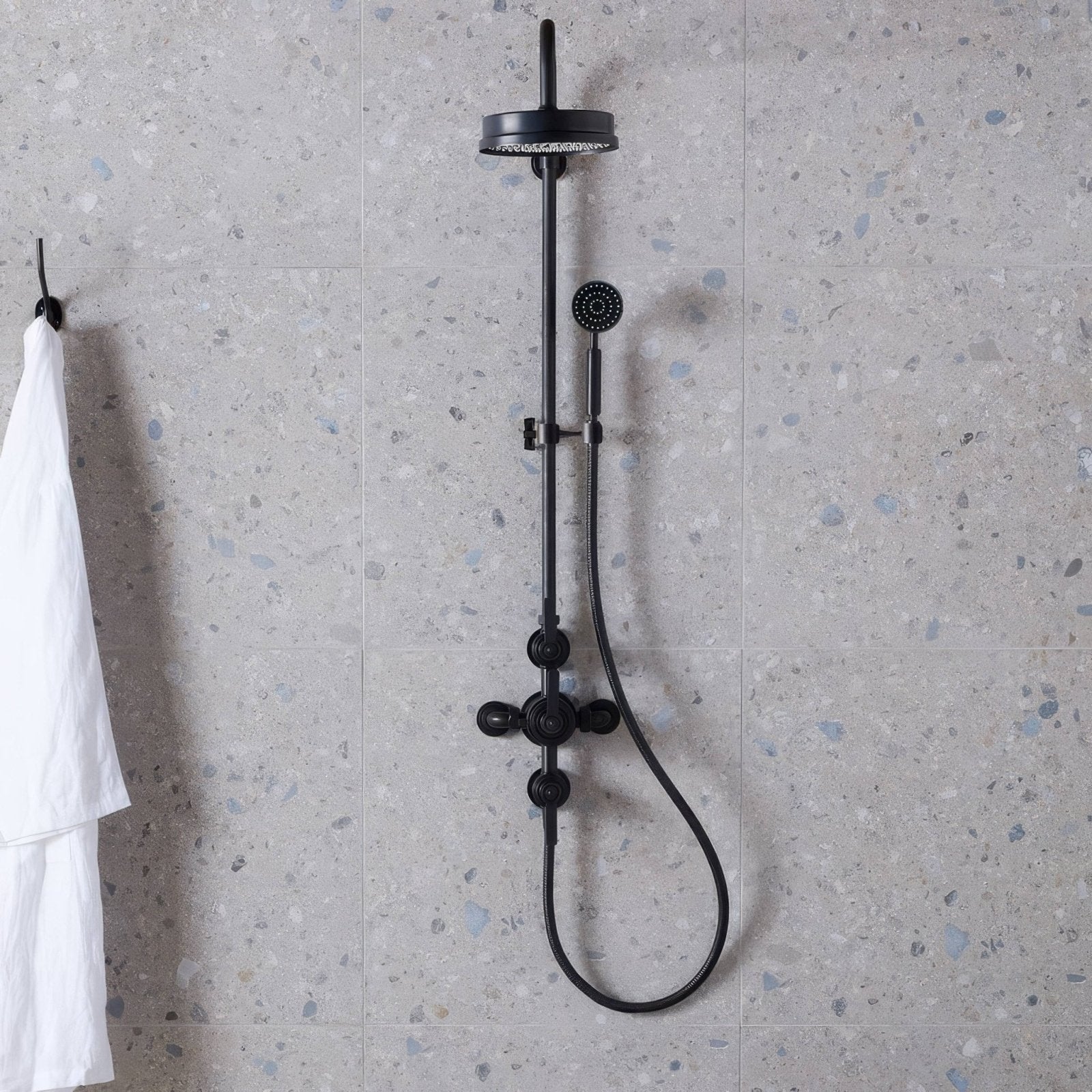 Black matte finished reykjavik ash 60 x 60cm shower system with rainhead and handheld nozzle on vertical bar