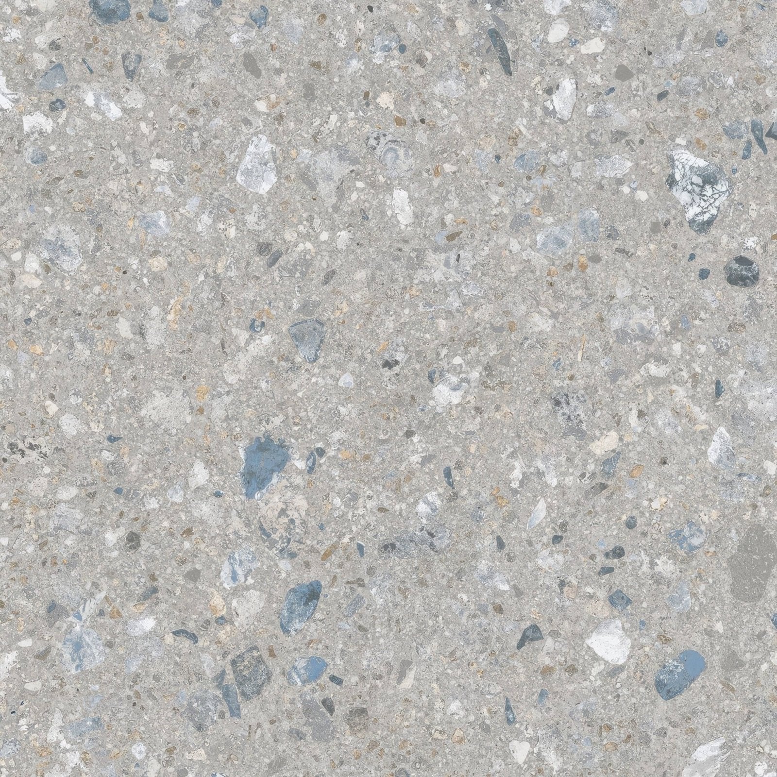Gray concrete tile reykjavik ash 60 x 60cm with blue white and dark gray aggregate specks for flooring use
