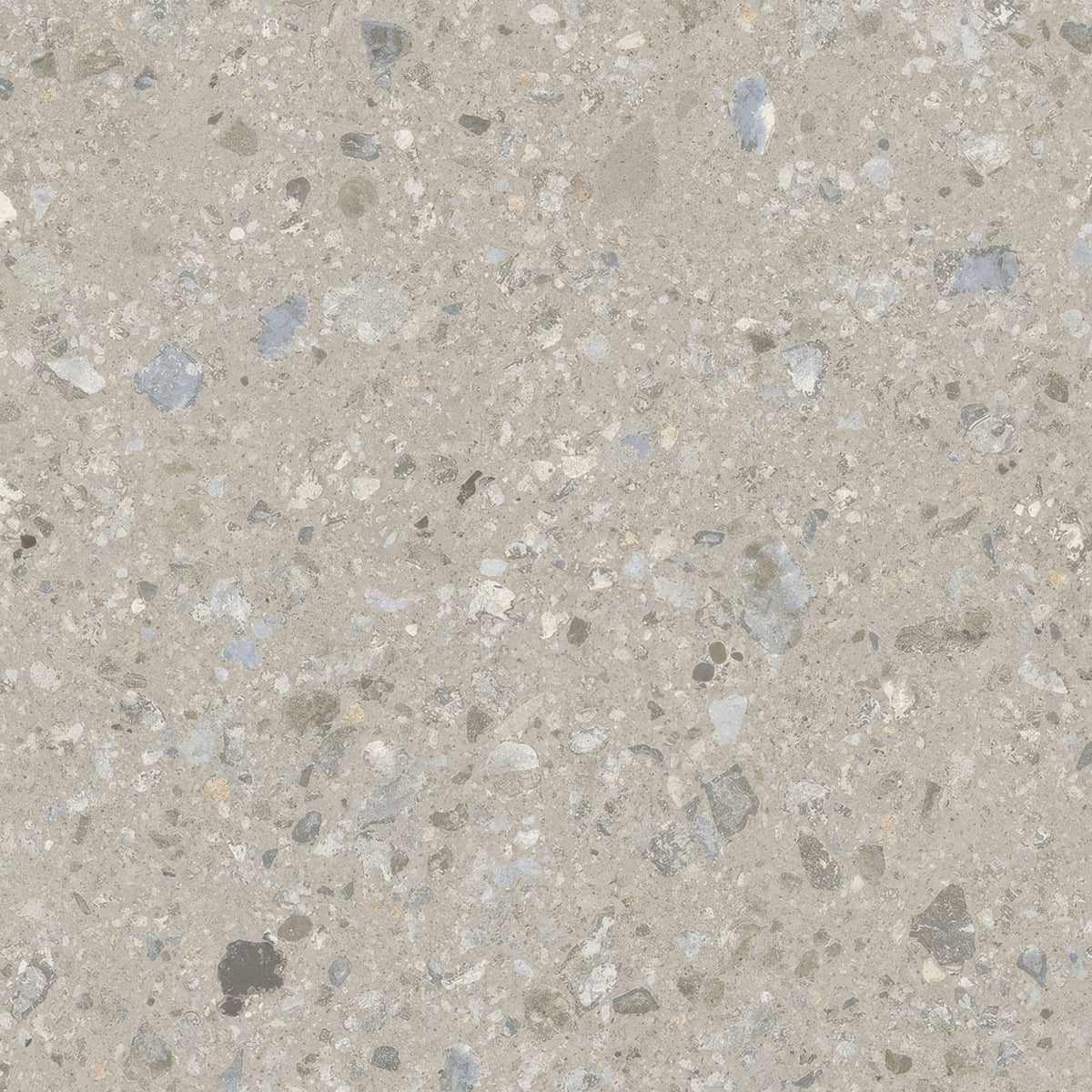 Gray terrazzo countertop with speckled embedded stones in varying shades from reykjavik pebble 60 x 60cm collection