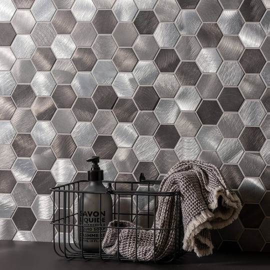 Silver hexagonal metal mosaic tile wall from the Rhea grey and silver mixed hexagon mosaic collection