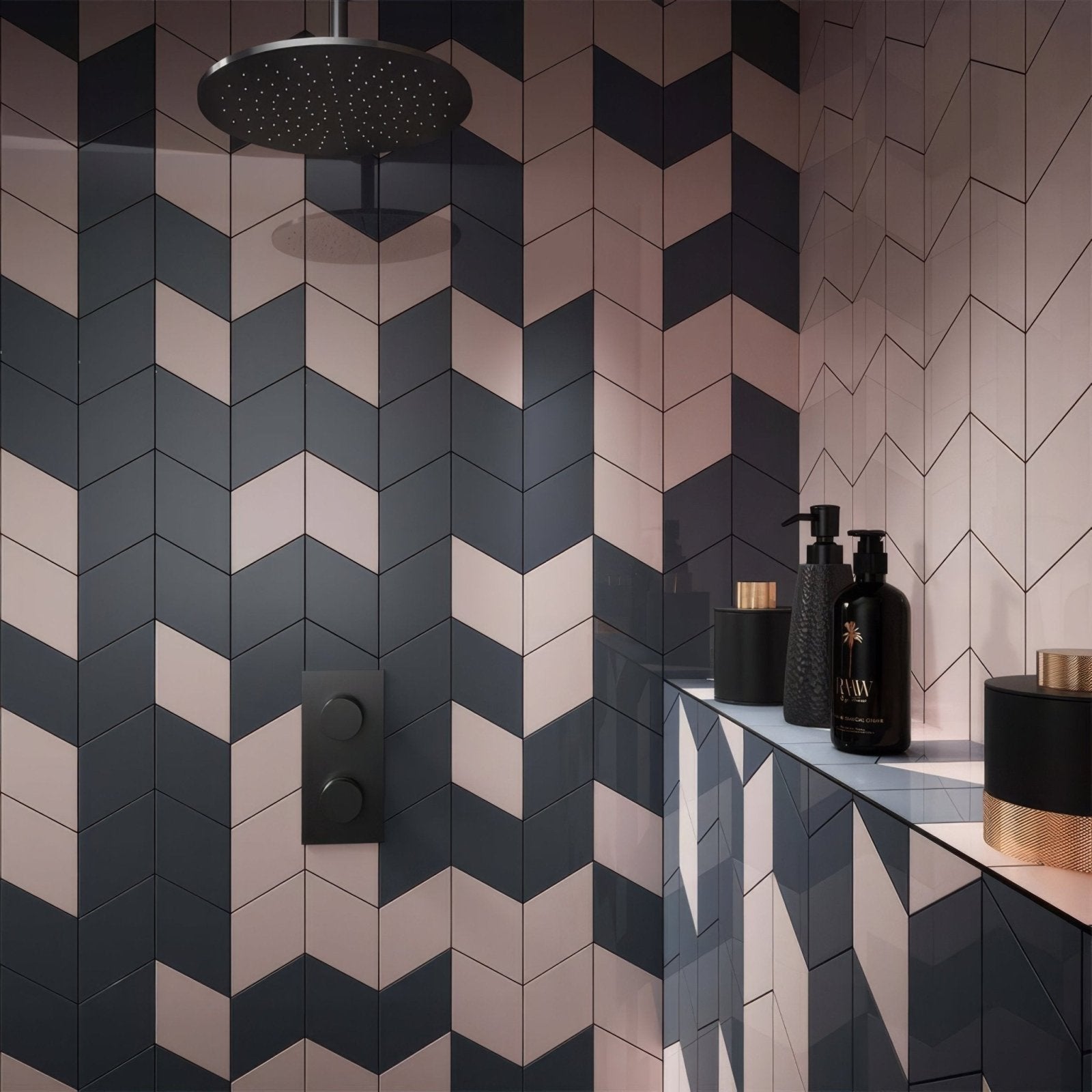 Black and blush pink chevron-patterned glossy ceramic wall tile rhomboid pink ceramic wall tile