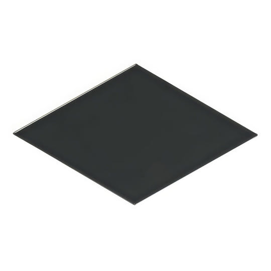 Black rectangular rhomboid steel ceramic wall tile with sleek reflective glass surface and polished metallic edges