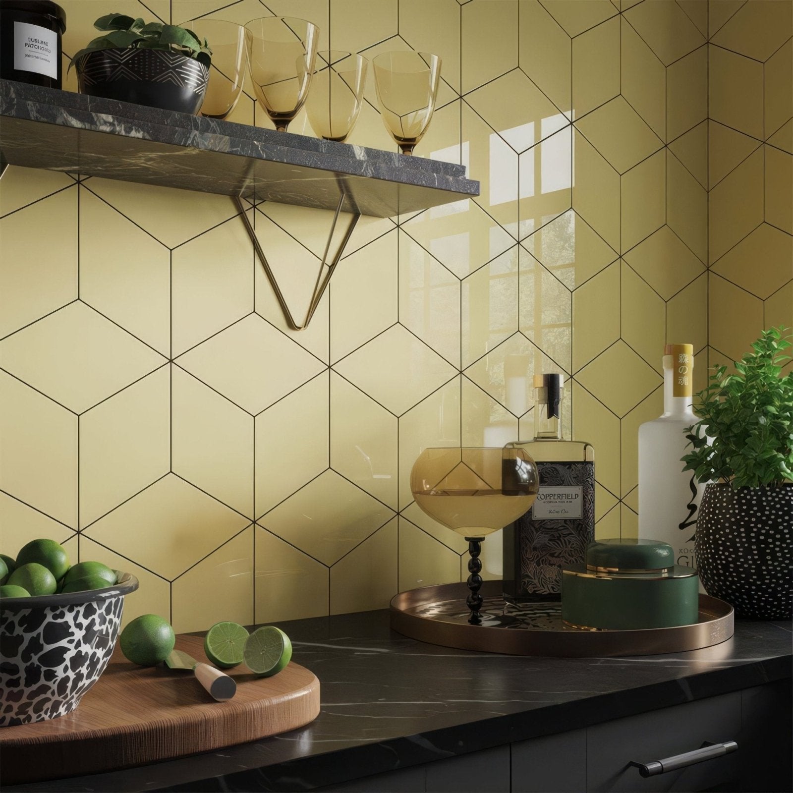 Yellow hexagonal ceramic wall tile with black grid lines forming a modern backsplash design