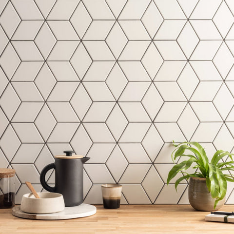 Rhombus Matt Large Mosaic cream rhombus mosaic with a black ceramic coffee pot
