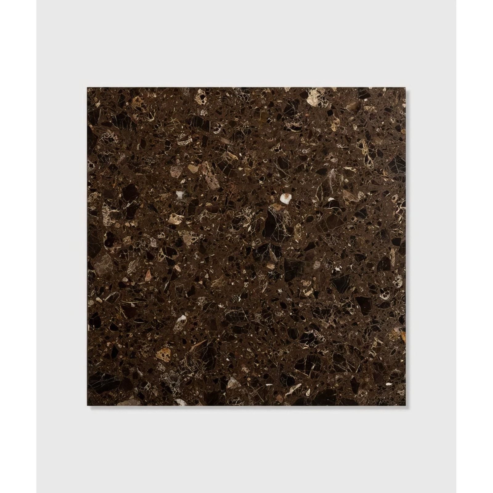Dark brown rialto terrazzo ca’doro honed countertop with speckled black white and beige aggregate pattern