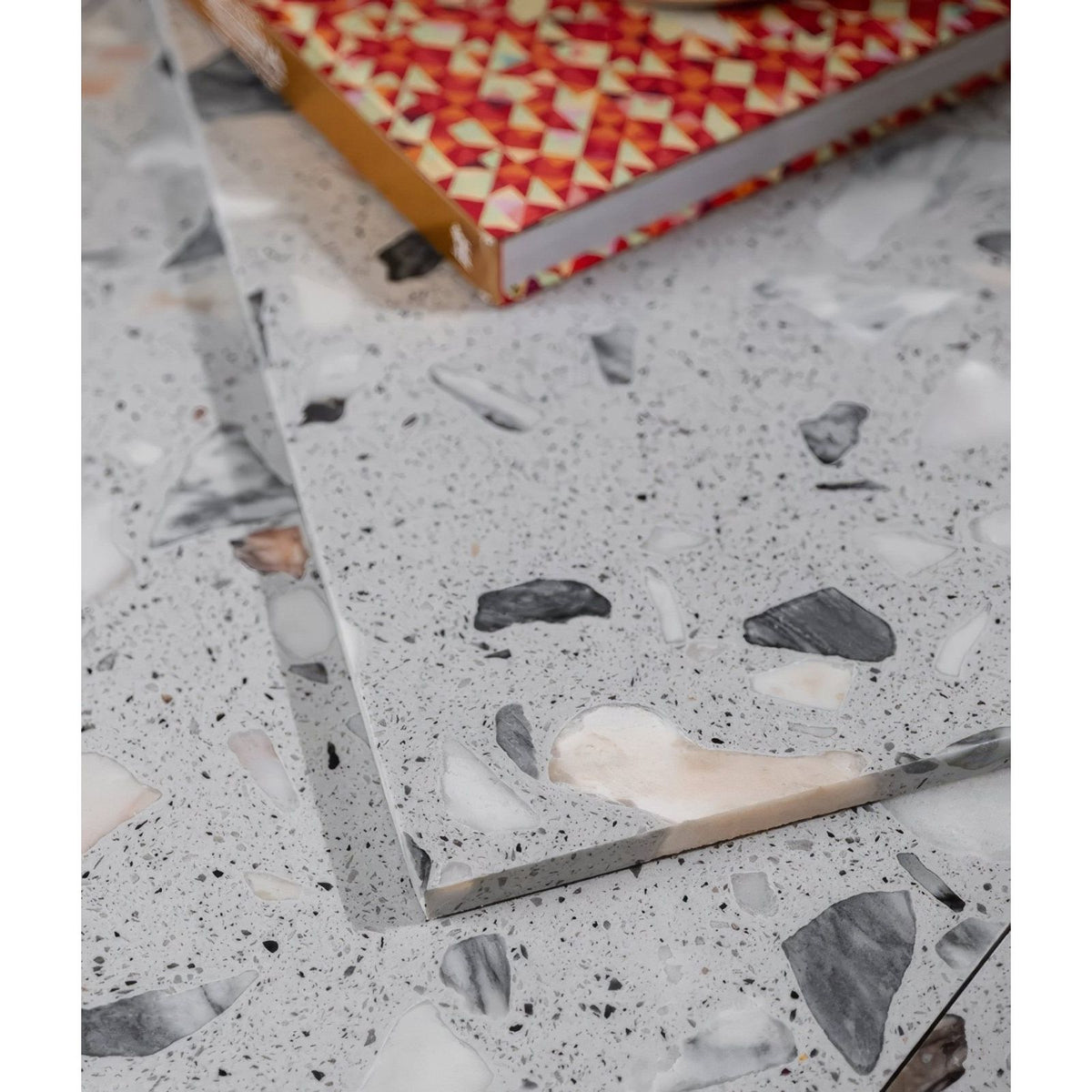 Gray terrazzo countertop rialto terrazzo castello honed with embedded marble and stone fragments in varying shades