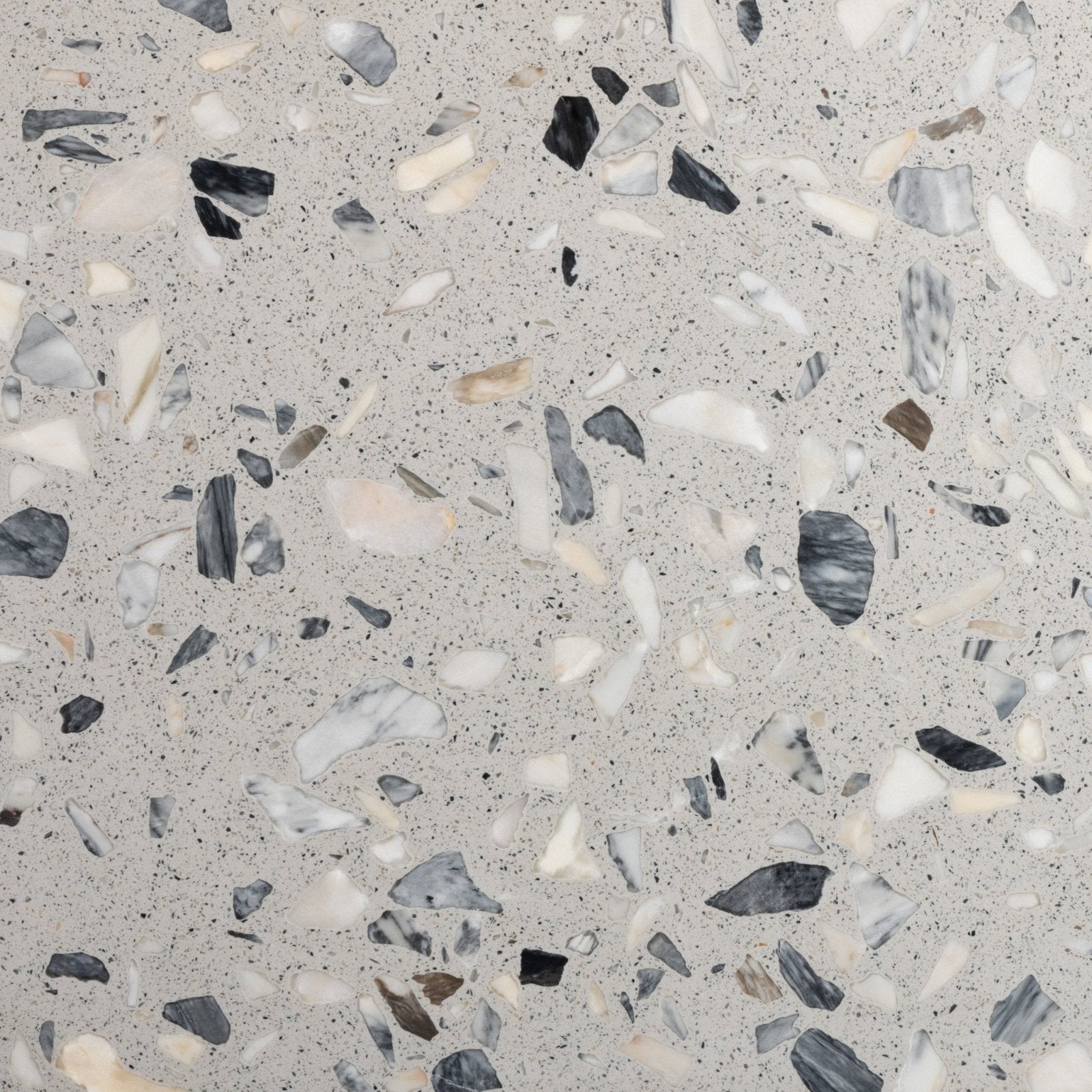 Gray rialto terrazzo castello honed surface with white black and beige stone fragments in polished finish