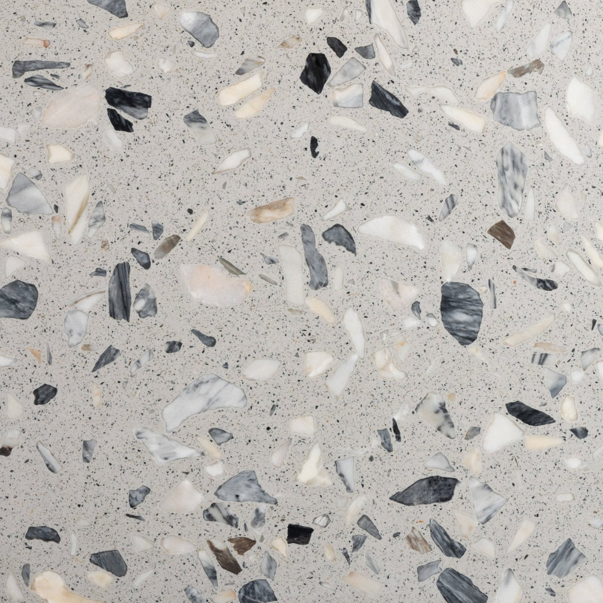 Gray rialto terrazzo castello honed surface with white black and beige stone fragments in polished finish