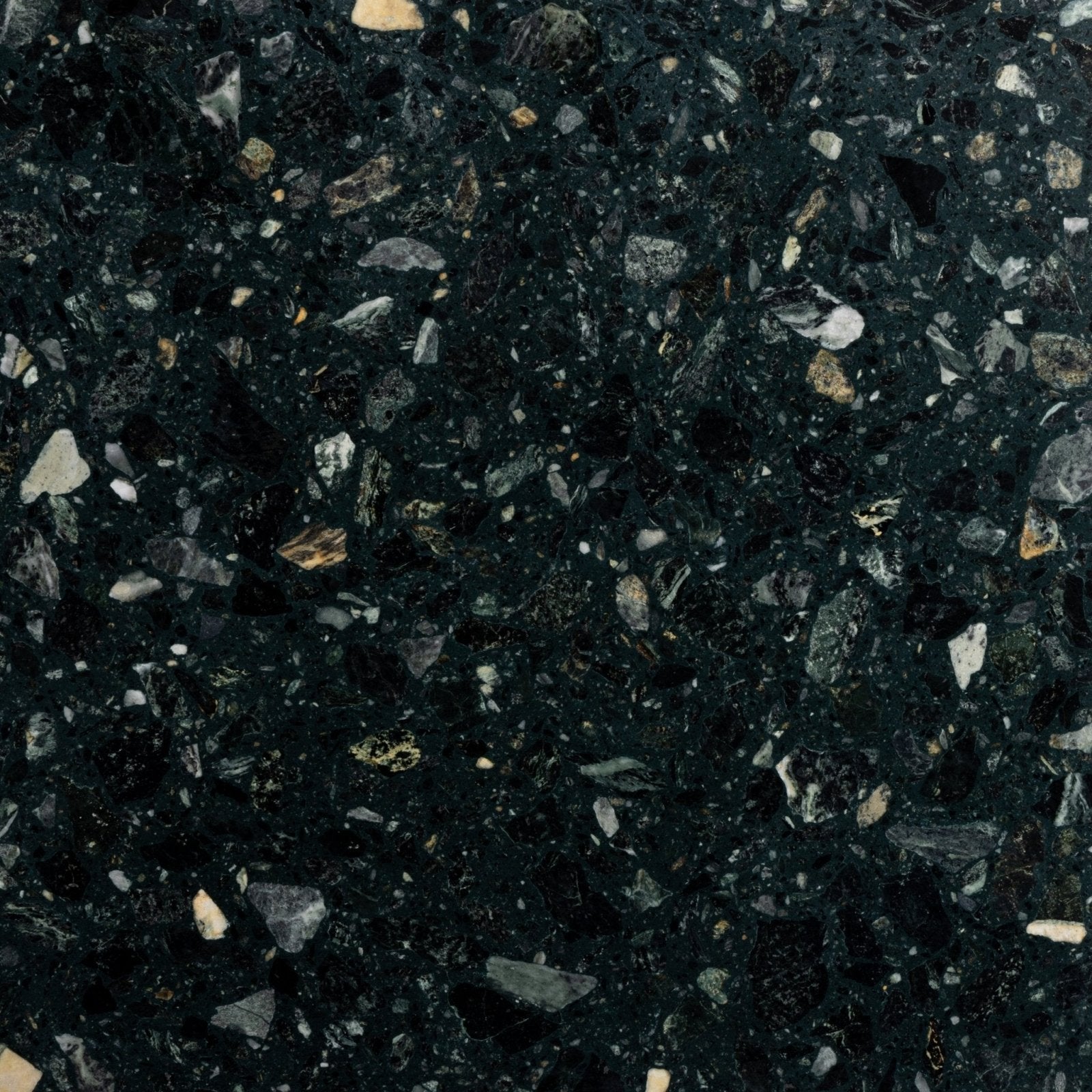 Dark green rialto terrazzo foscari honed countertop with black white and gold toned stone specks