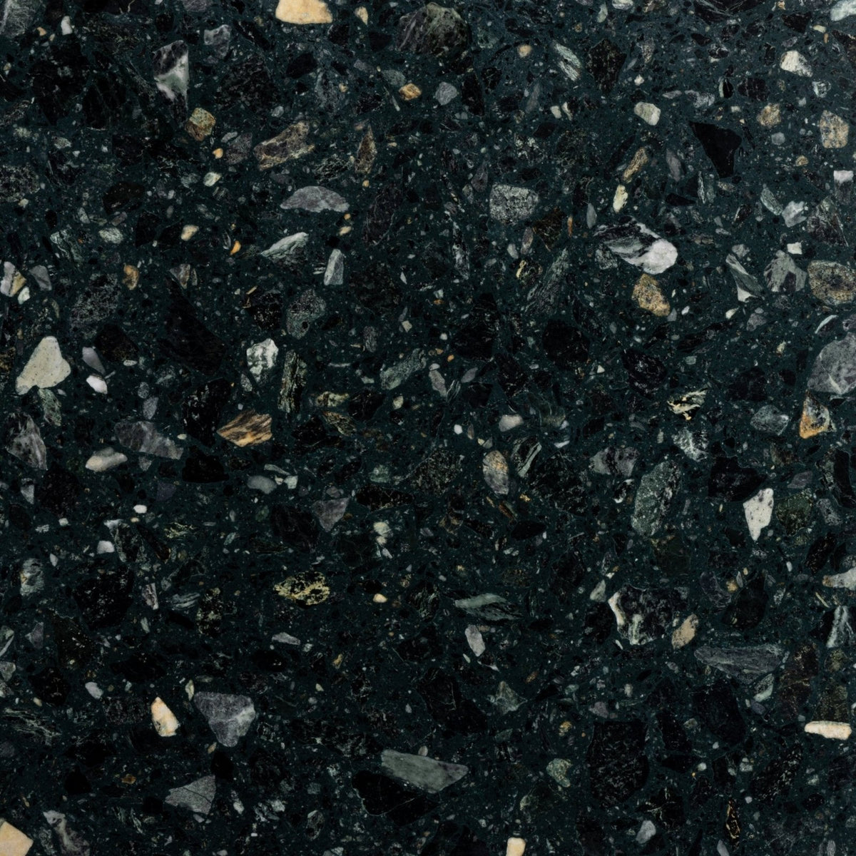 Dark green rialto terrazzo foscari honed countertop with black white and gold toned stone specks