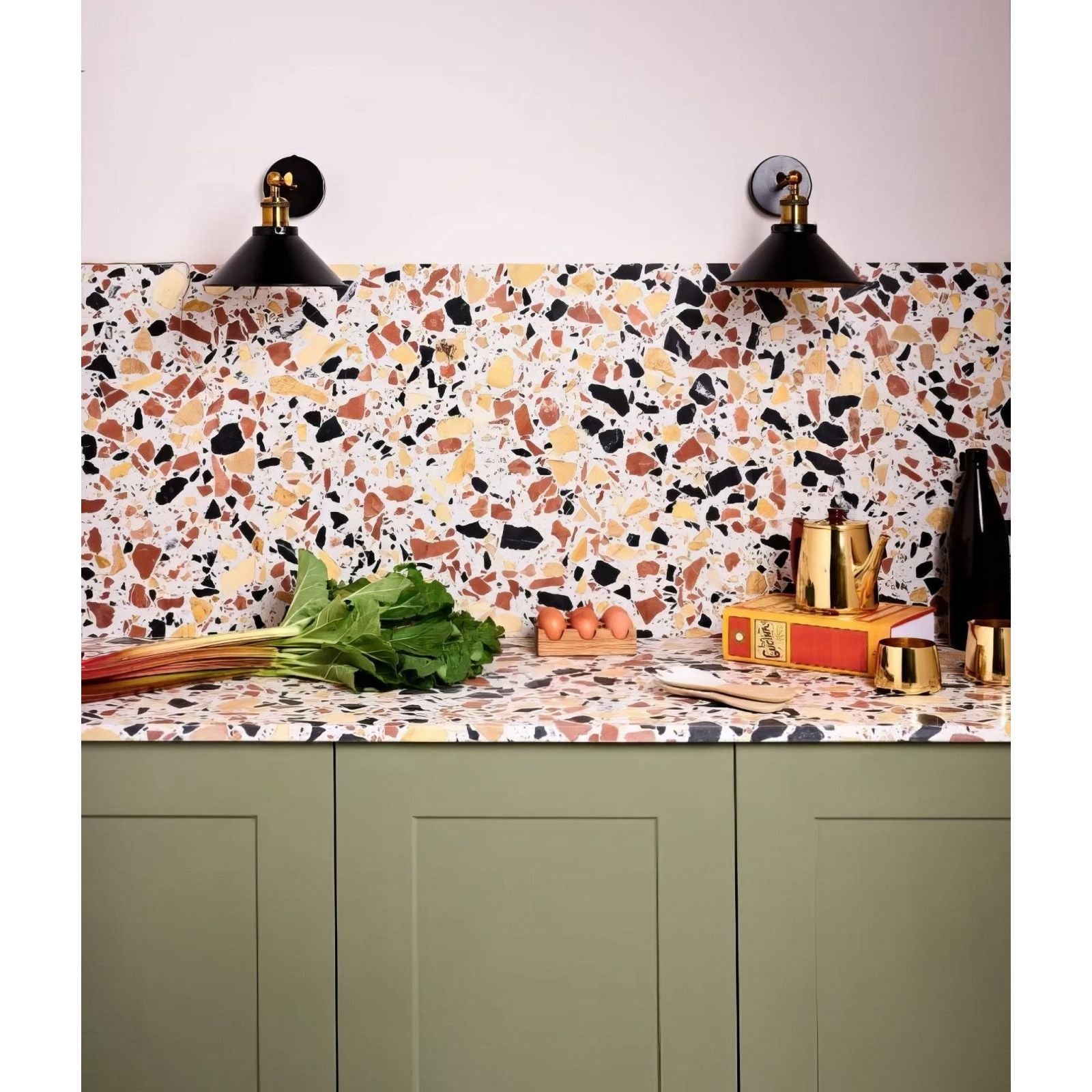 Rialto terrazzo san marco honed kitchen backsplash with black beige and terracotta speckled pattern on white background
