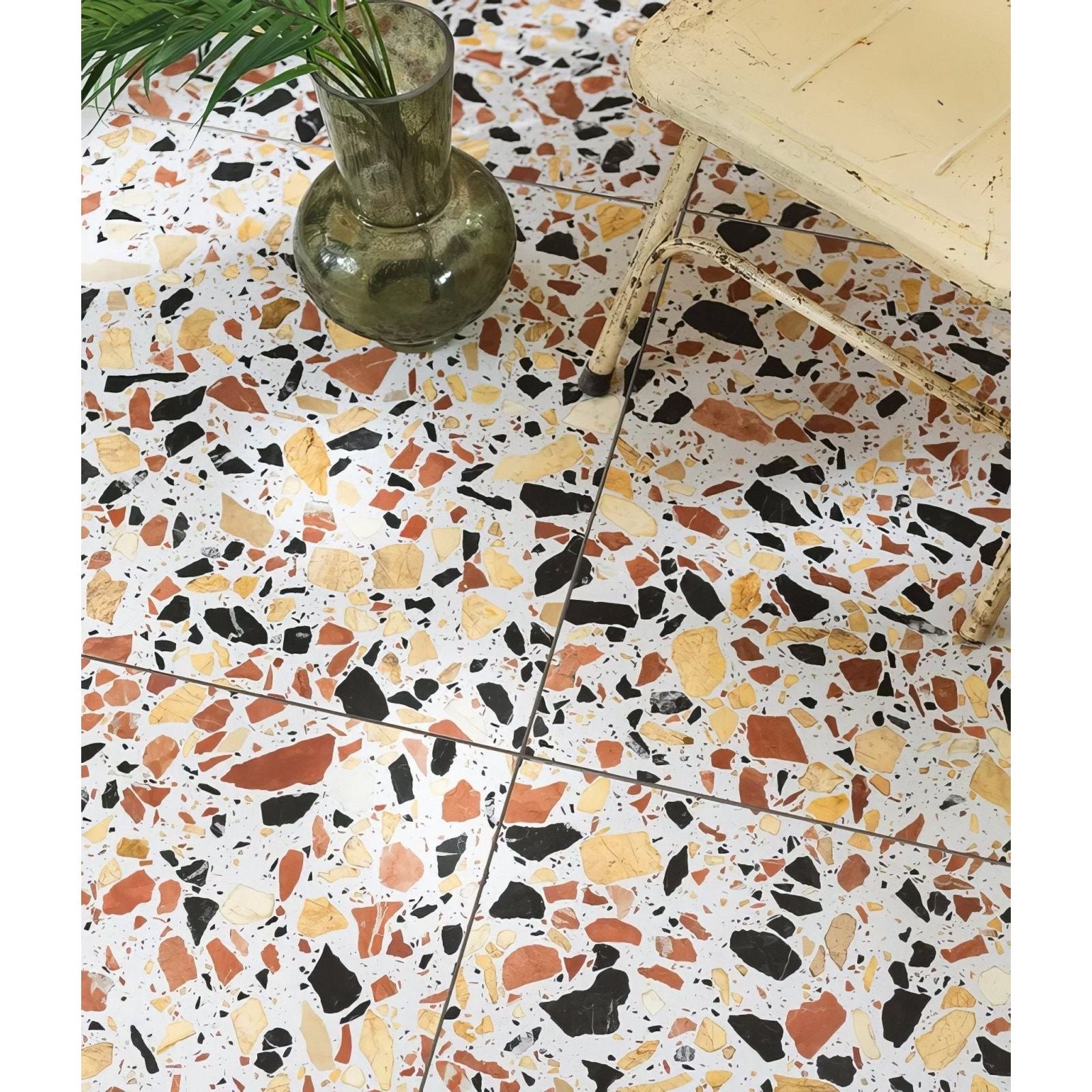 Rialto terrazzo san marco honed floor tiles with black orange and beige stone fragments in white mortar mosaic pattern