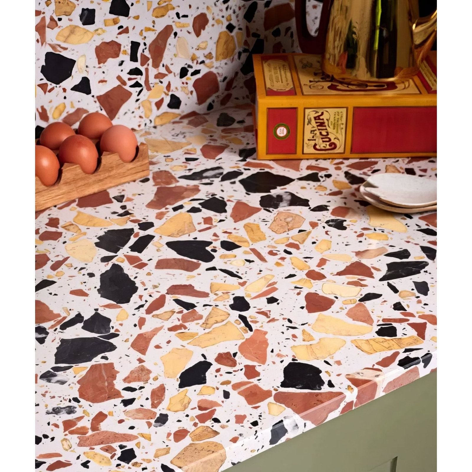 Rialto terrazzo San Marco honed countertop with white base and black terracotta yellow beige stone fragments
