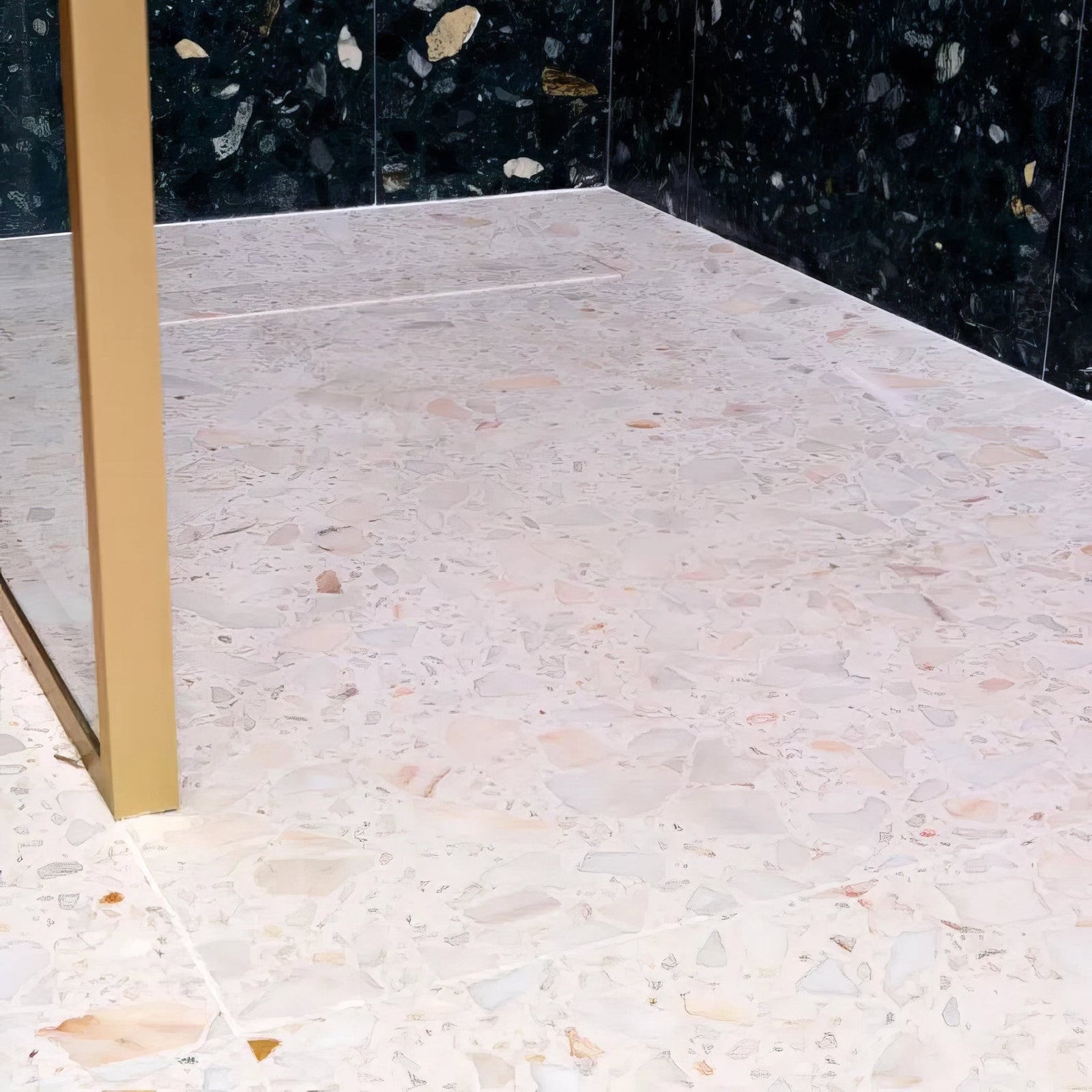 Rialto terrazzo veneta honed light pink terrazzo floor with beige white and gold embedded specks for interior flooring