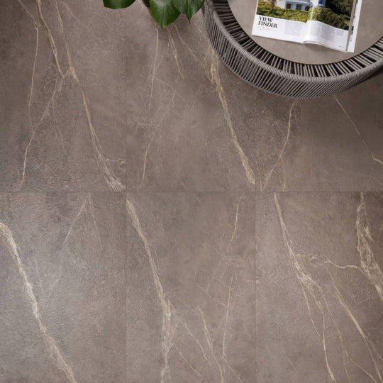 Rimini Taupe 60 x 60cm gray marble effect floor tiles with subtle beige veining for elegant flooring