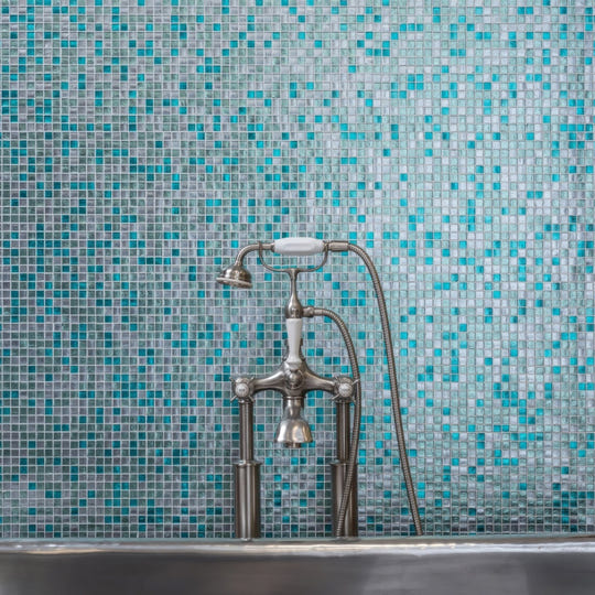 Ripple Mosaic turquoise glass mosaic with a vintage chrome tap