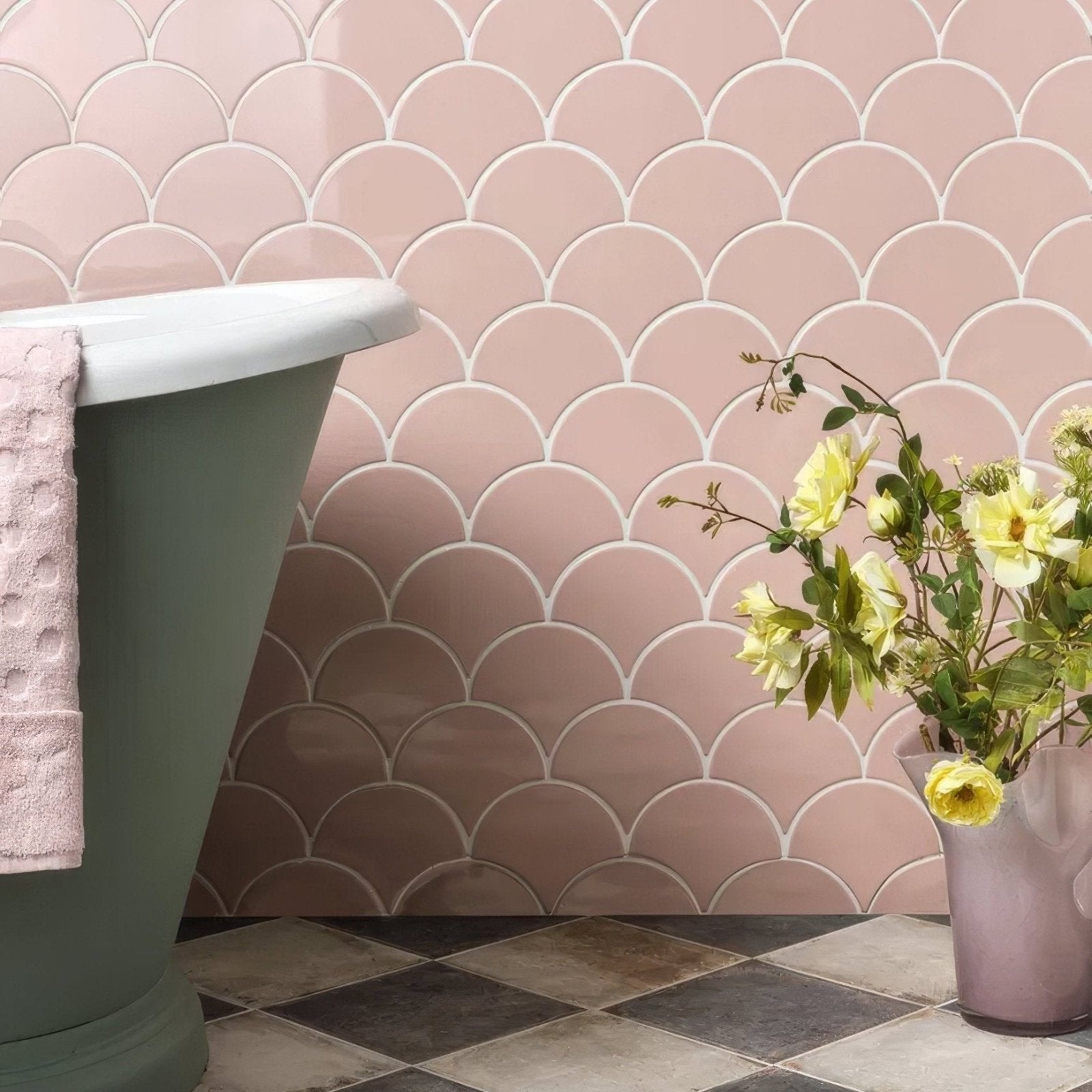 Pink scalloped ceramic tile wall with white grout lines from riverlands scales marsh mallow collection