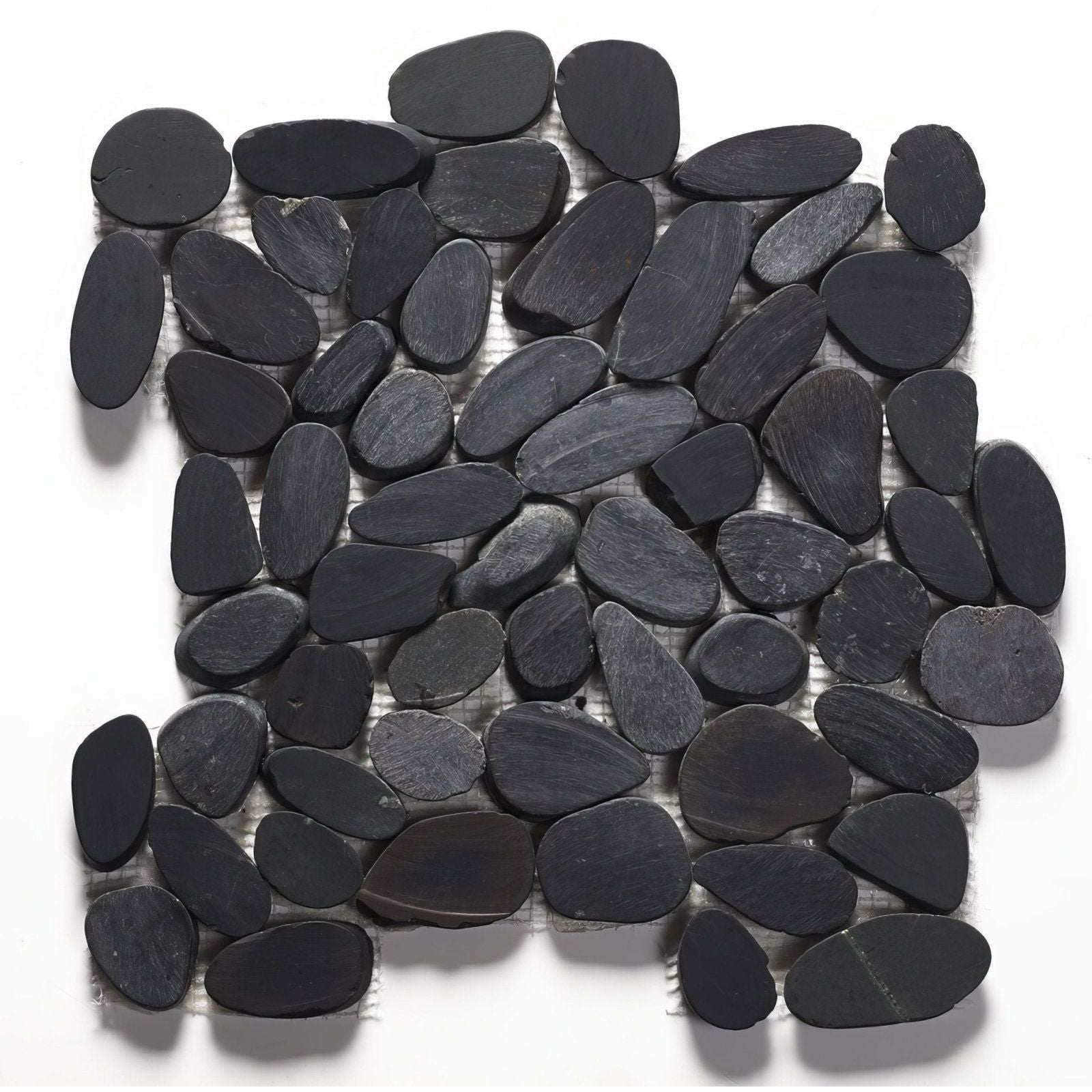 Riverstone black flat cut pebble mosaic tile featuring smooth rounded black river rock stones arranged naturally