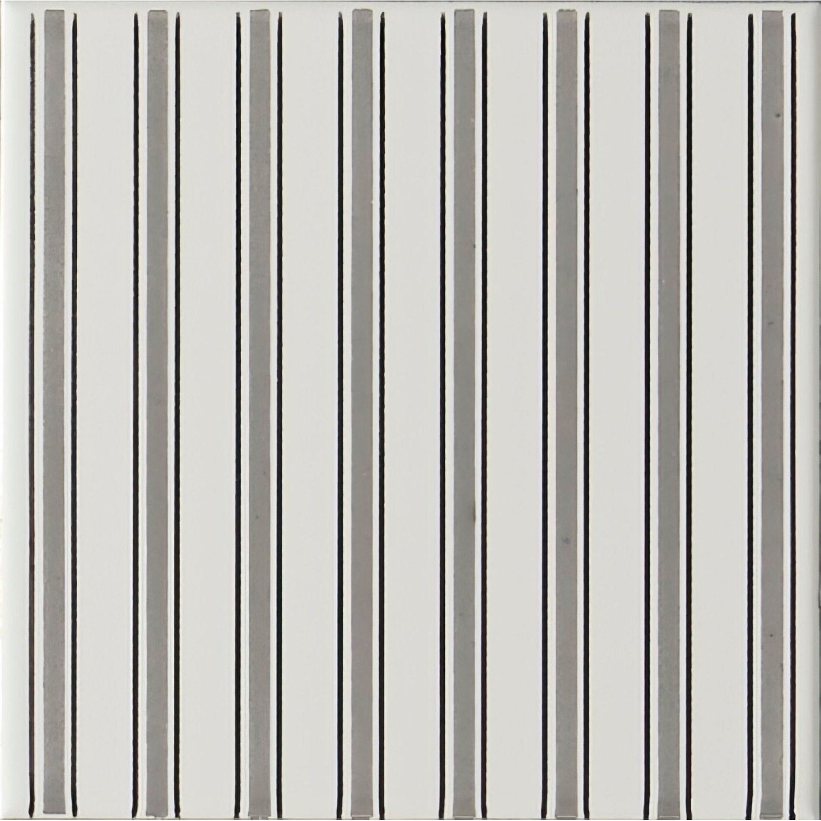 Riviera grey fabric featuring gray vertical stripes with black outlines on a brilliant white background