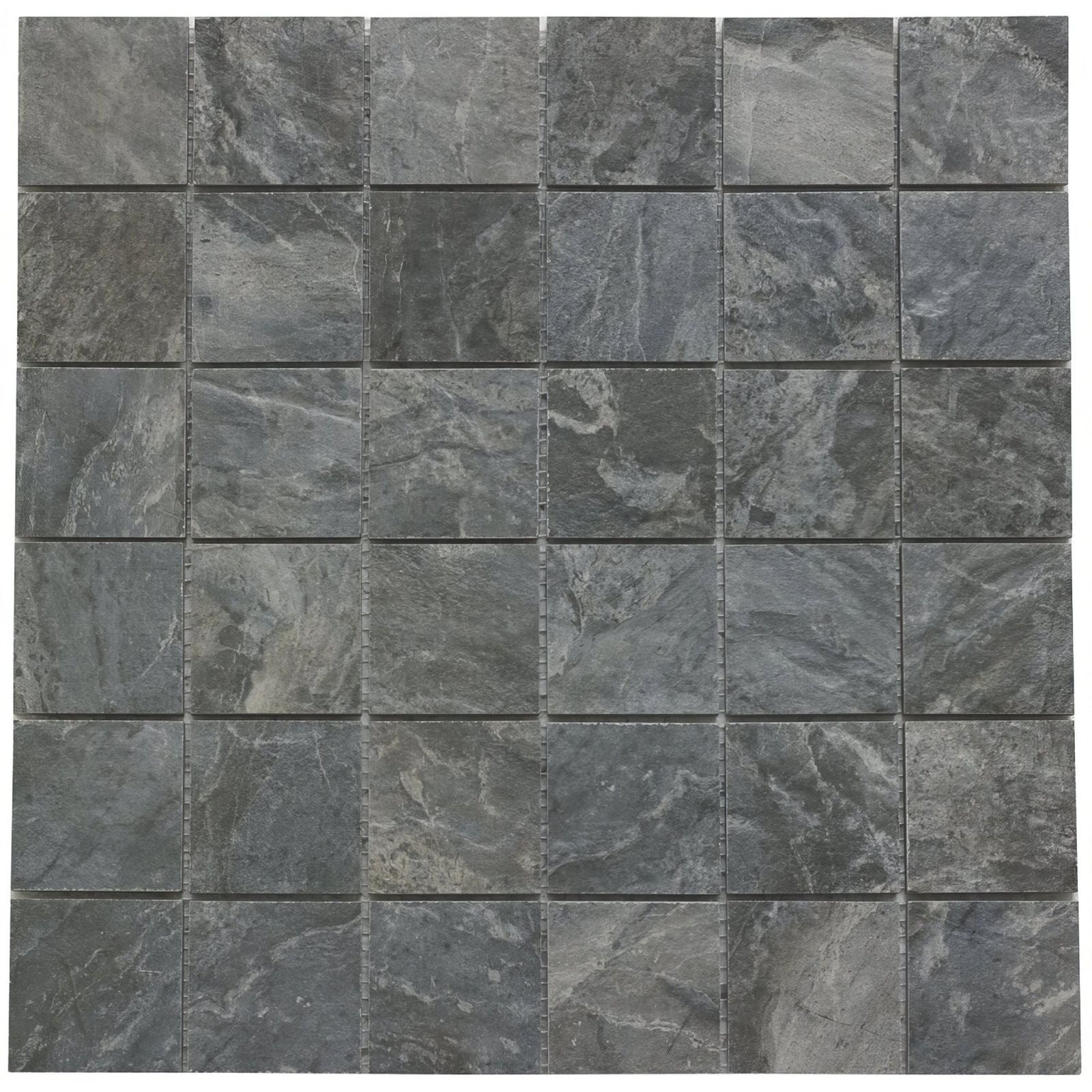 Dark gray stone mosaic tiles with natural veining and matte finish from rockies new mexico mosaic collection