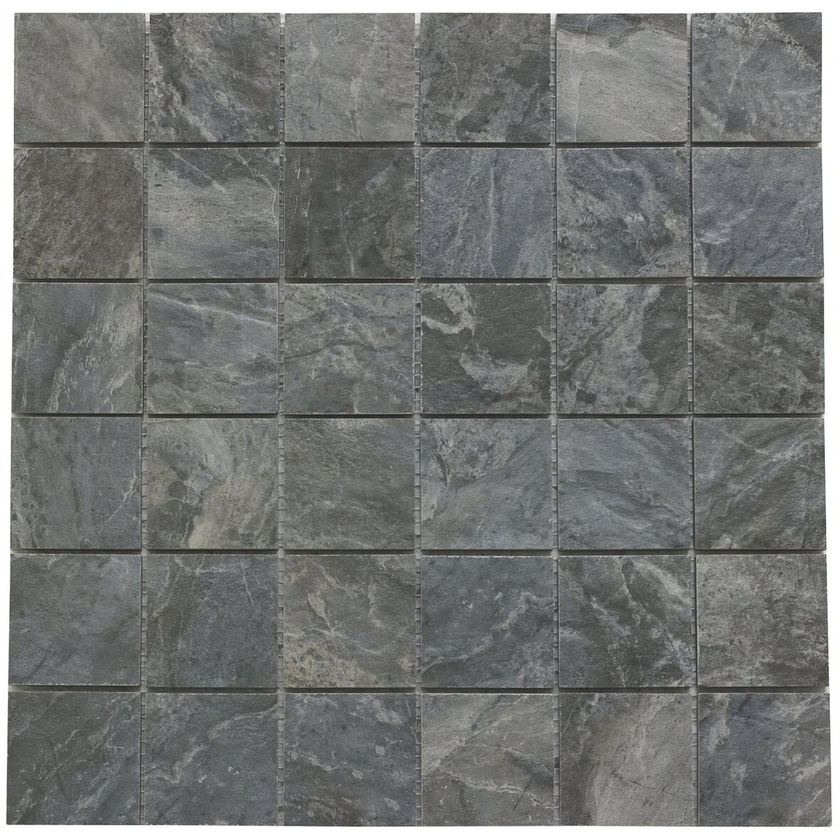 Dark gray stone mosaic tiles with natural veining and matte finish from rockies new mexico mosaic collection