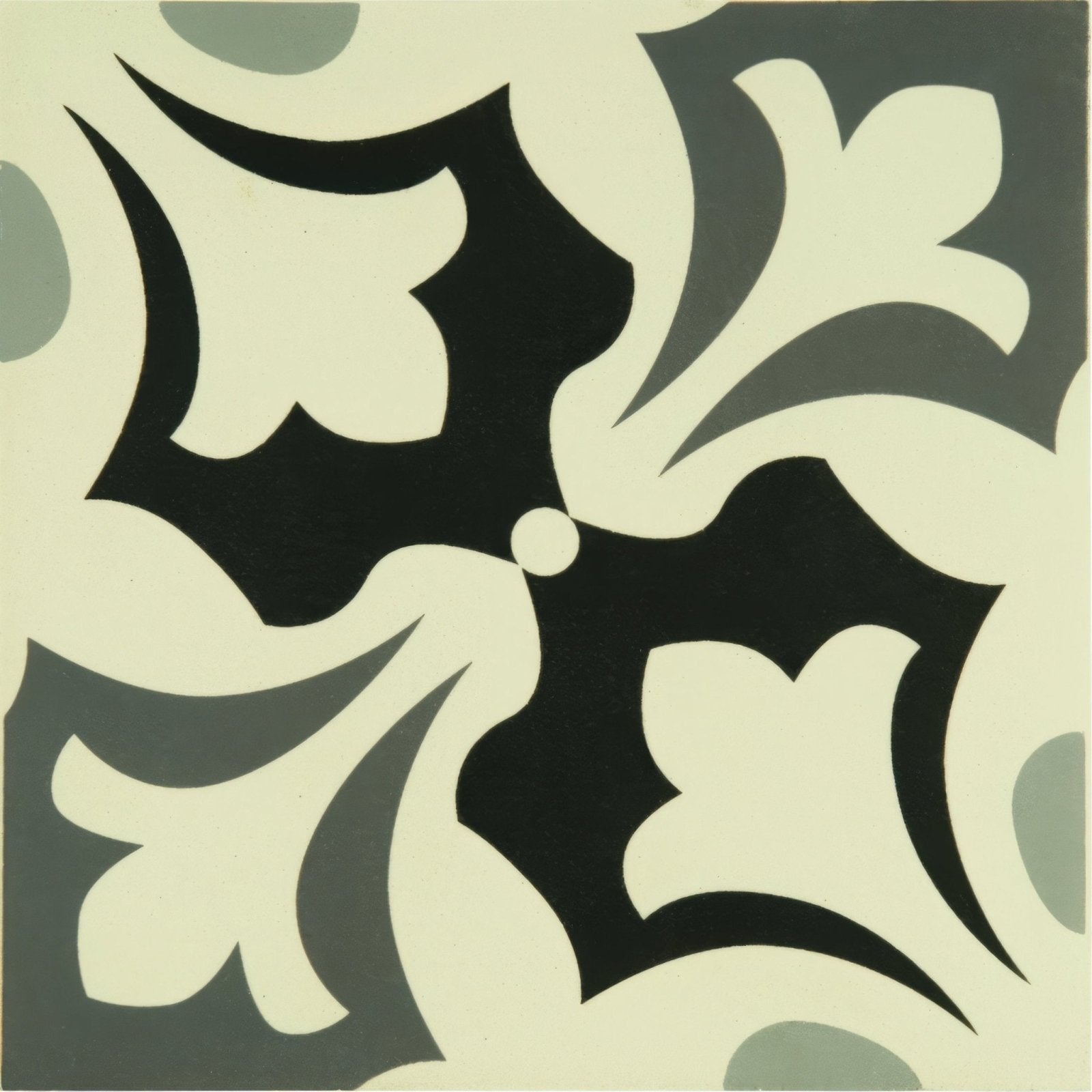 Black and cream decorative tile with symmetrical stylized floral pattern from rococo light grey dark grey black on white collection