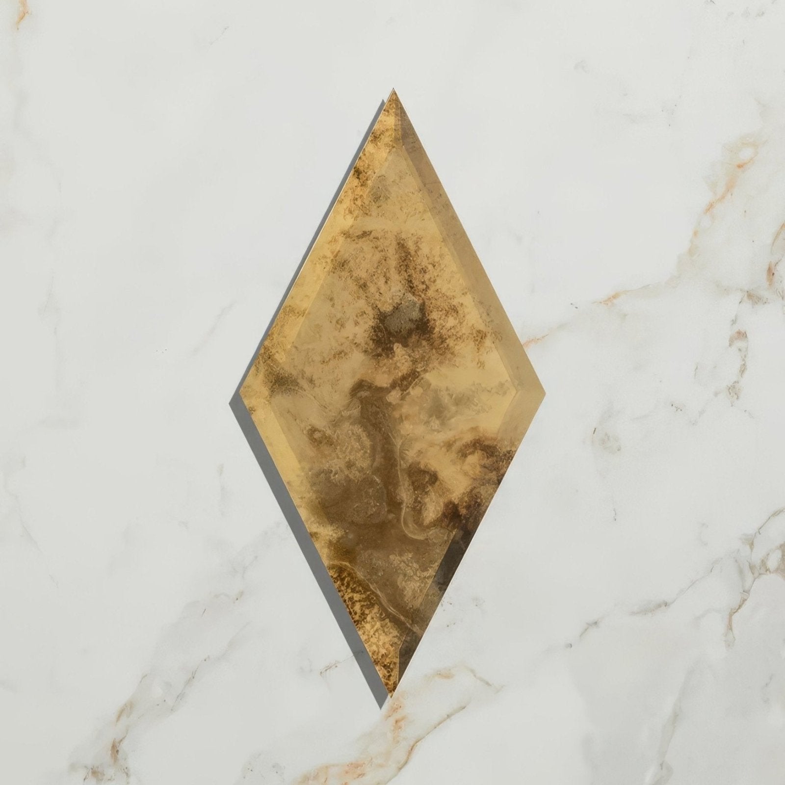 Rococo mirror diamond glass brass featuring a translucent gold-toned diamond shape with marbled pattern and beveled edges