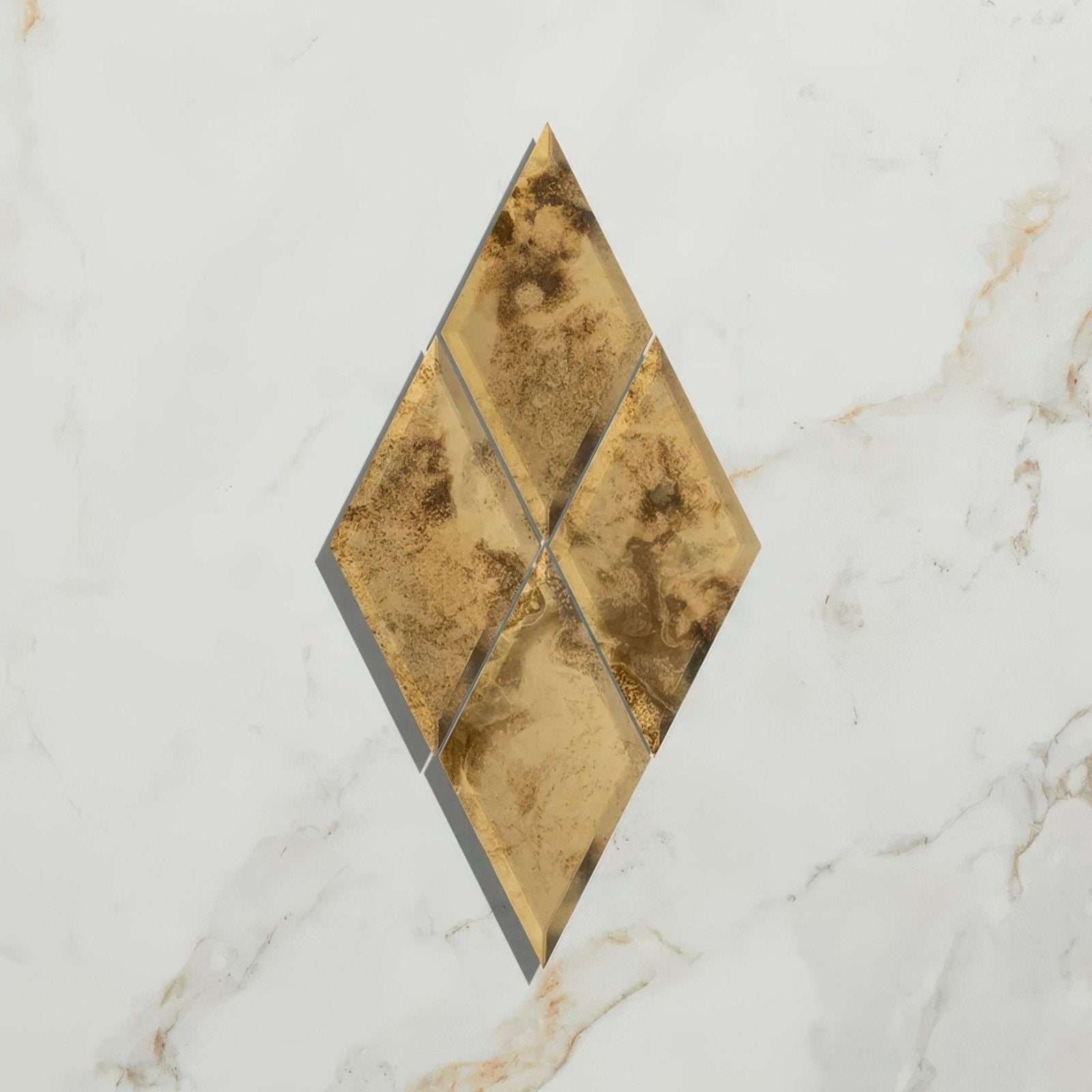 Gold-toned diamond glass brass mosaic tile with marbled texture and dark gray grout lines for rococo mirror decor