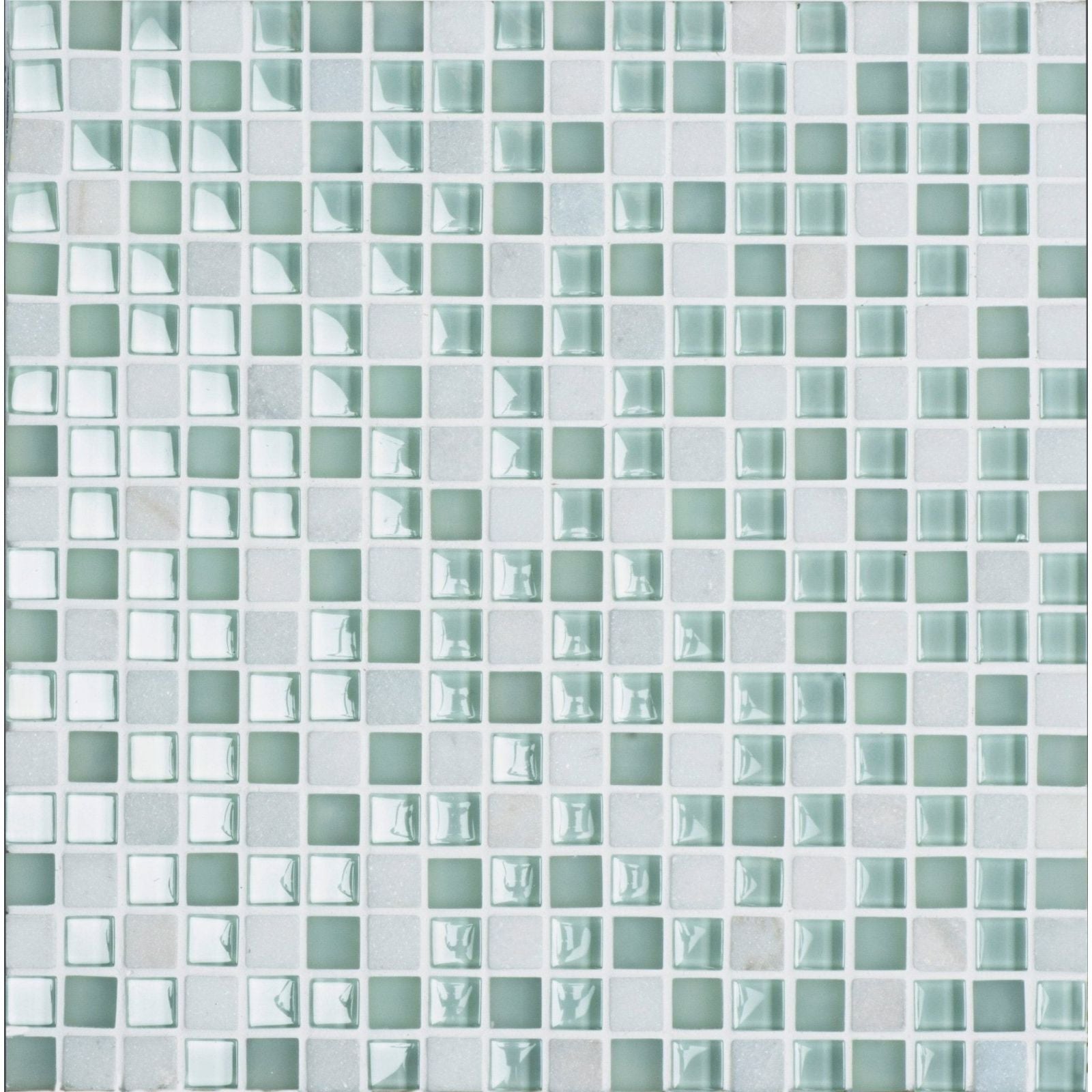 Rois mixed format mosaic tile panel with square glass pieces in mint green and white featuring marbled patterns