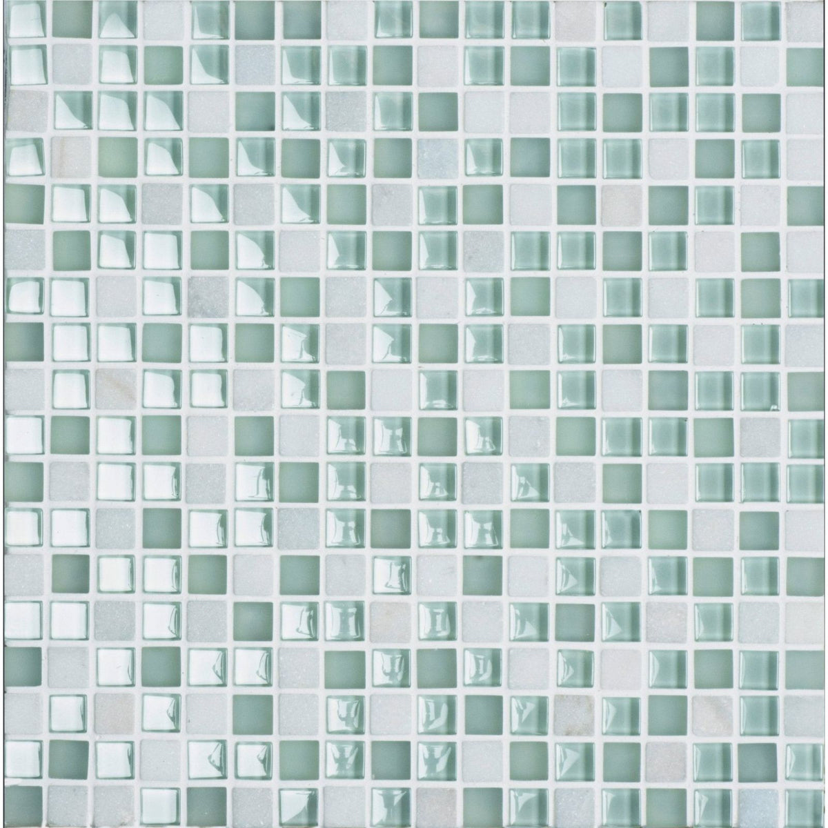 Rois mixed format mosaic tile panel with square glass pieces in mint green and white featuring marbled patterns