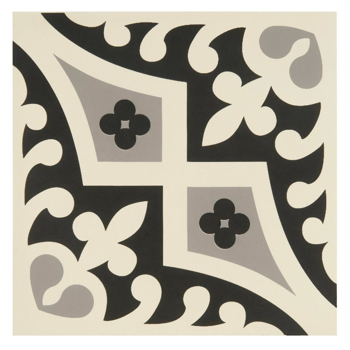 Black and cream vintage-style Romanesque light grey and black mosaic tile with intricate floral and geometric patterns